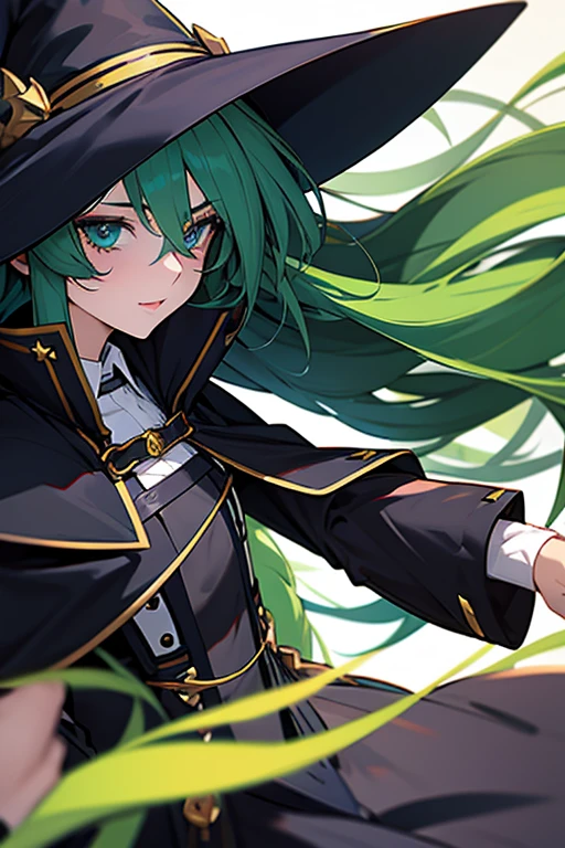 a close up of a person wearing a hat and dress, flirty anime witch casting magic, gothic maiden anime girl, anime girl with long hair, fashionable dark witch, in a cloak with long hairs, anime girl wearing a black dress, dark witch character, with a green cloak, witch girl, classical witch, green hair, haloween, backgraund night alley, older, age 24