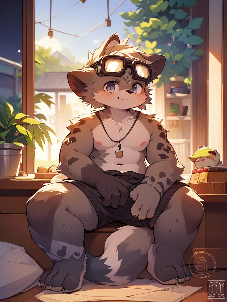 Hyena Boy,Gray fur,Topless, mammal, hairy,Gray Eyes,upscale hotel,goggles,moon tattoo,Cover your crotch with your hands,Normal head-to-body ratio,inventor