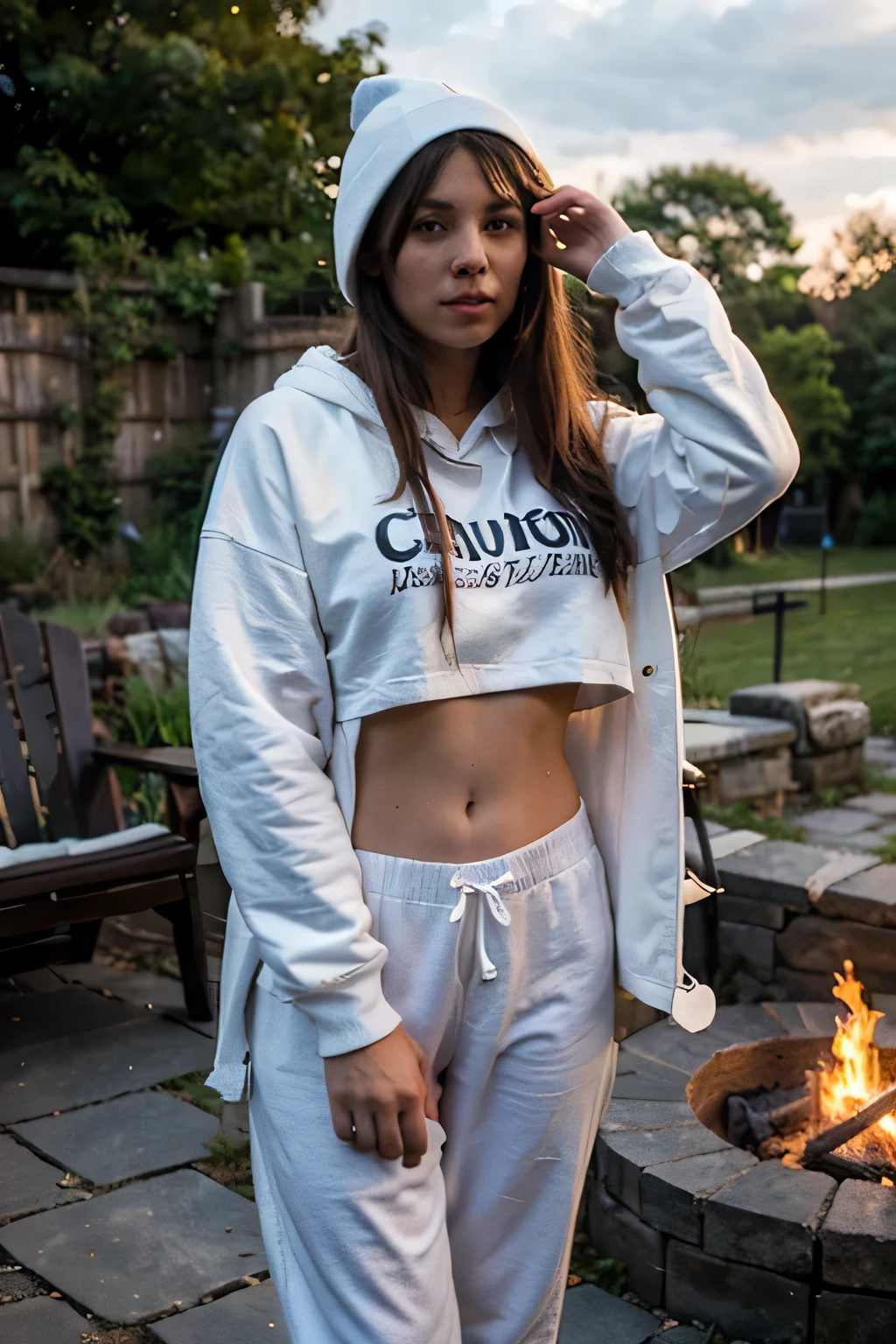 In this photo, a woman is outdoors next to a fire. clothes Hoodie (sweatshirt with hood): He wears a light gray hoodie. A hoodie is on his head. Top: Under the hoodie, he wears a short white top that shows part of his stomach. Pants: loose pants with a white base color. Environment Fire: There is a burning fire in front of the woman. Chairs: Wooden chairs with white cushions surround the fire. Background: In the background, a short stone wall can be seen and there are trees and greenery behind the wall. The sky is partly cloudy and the photo was taken at sunset or early night. Condition Drinking water: The woman is holding a transparent bottle and is drinking water from it. The bottle is made of glass. female posture Standing: He is standing, holding the water bottle close to his mouth and drinking.In this photo, a woman is outdoors next to a fire. clothes Hoodie (sweatshirt with hood): He wears a light gray hoodie. A hoodie is on his head. Top: Under the hoodie, he wears a short white top that shows part of his stomach. Pants: loose pants with a white base color. Environment Fire: There is a burning fire in front of the woman. Chairs: Wooden chairs with white cushions surround the fire. Background: In the background, a short stone wall can be seen and there are trees and greenery behind the wall. The sky is partly cloudy and the photo was taken at sunset or early night. Condition Drinking water: The woman is holding a transparent bottle and is drinking water from it. The bottle is made of glass. female posture Standing: He is standing, holding the water bottle close to his mouth and drinking.