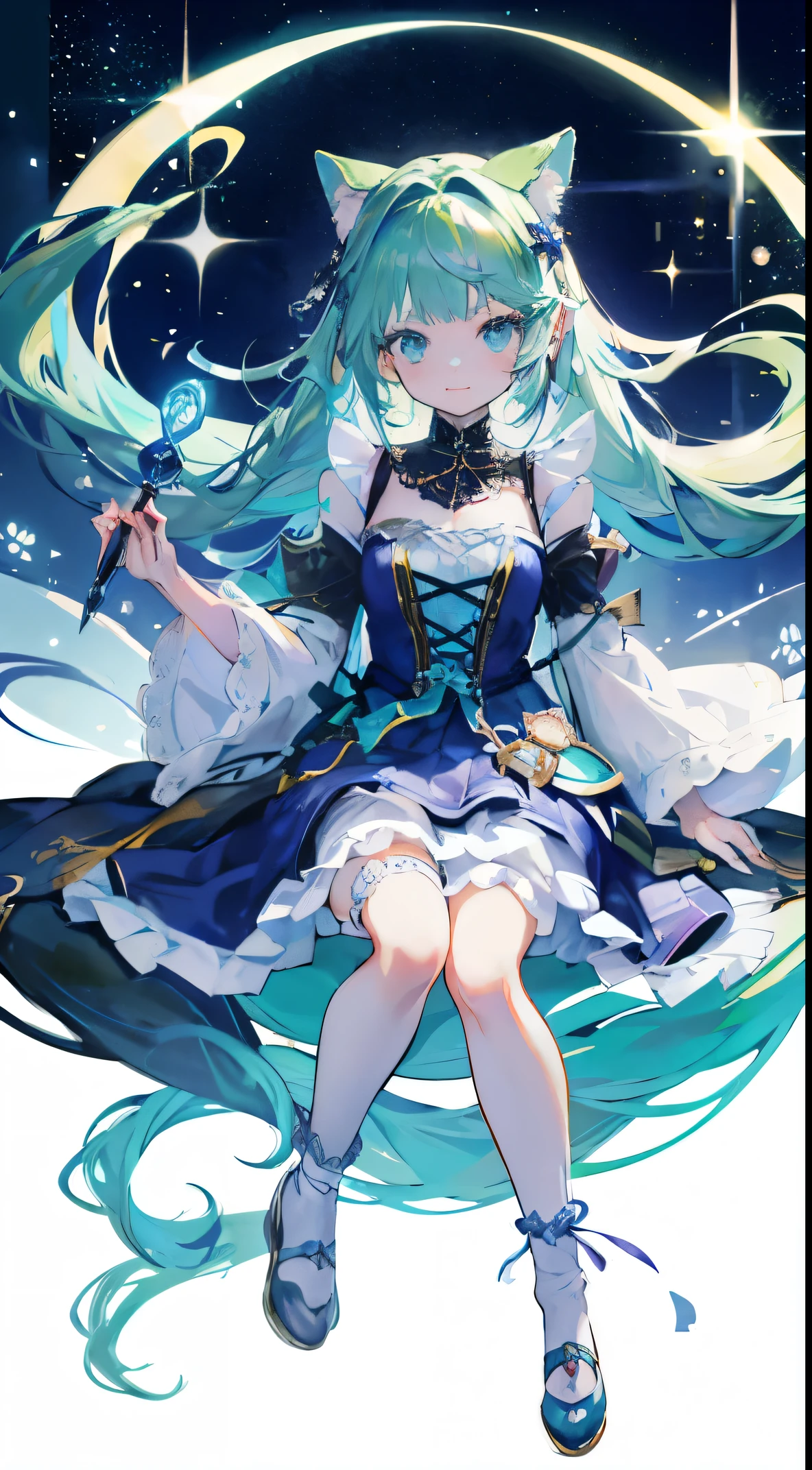 ((Tabletop, highest quality: 1.1), ((Anime girl in a blue dress holding a magic wand)), Art Nouveau、Anime Cat girl wearing a maid costume, , ((Green hairs))、Long-haired person、((Eyes that shine like jewels, Long eyelashes, Transparency))、Very Beautiful Anime Cat girl, Anime cat girl, ((White knee-high socks)), Attractive Cat Girl, I'At the candy store,Inspired by Leiko Ikemura, Takano Aya color style, in ryuuou no oshigoto art style, Cat girl, Someone you admire, rei hiroe、smile