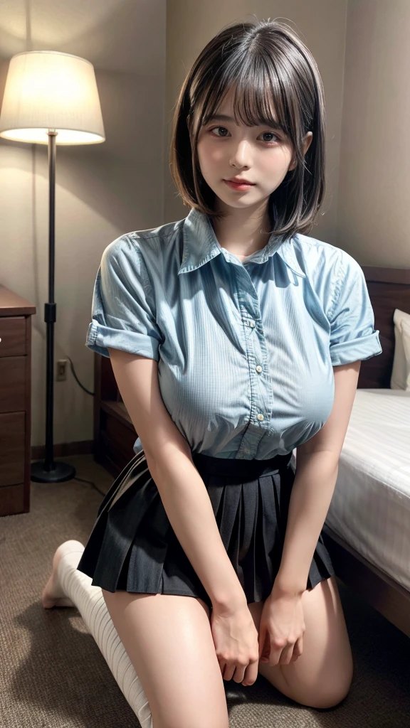 masterpiece, best quality, illustration, Super detailed, fine details, High resolution, 8K,wall paper, perfect dynamic composition,(Details High quality, realistic depiction of eyes:1.3), (collared shirt:1.1), pleated skirt, knee high socks, plump breast, saggy breasts、expresses the roundness and softness of your chest, Don't expose it, short bob hair, black hair color, Big Natural Color Lip, (perfect body shape), crying a little、20 year old girl、cute type、beautiful legs, hotel room, Gravure Idol, large hip, getting pounded from behind, on all fours