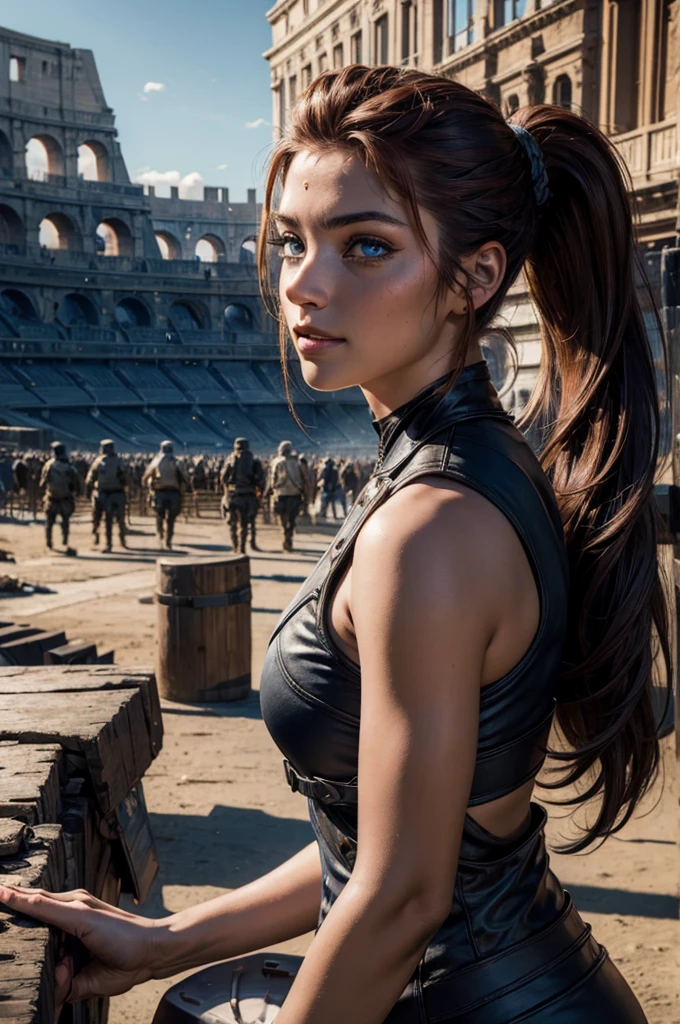 
iliaamitola, ilia amitola, smiling, long hair, blue eyes, brown hair, ponytail, dark skin, dark-skinned female, BREAK bare shoulders, bodysuit, BREAK sitting outside, river running next to colosseum, bonfires, wrecked vehicles, crowd, (crowd in military dress), post-apocalypse, dystopian future, crowd, (crowd in military uniforms), (volumetric lighting), best quality, masterpiece, intricate details, tonemapping, sharp focus, hyper detailed, BREAK looking at viewer, (cowboy shot:1.5), BREAK (masterpiece:1.2), best quality, high resolution, unity 8k wallpaper, (illustration:0.8), (beautiful detailed eyes:1.6), extremely detailed face, perfect lighting, extremely detailed CG, (perfect hands, perfect anatomy), 
