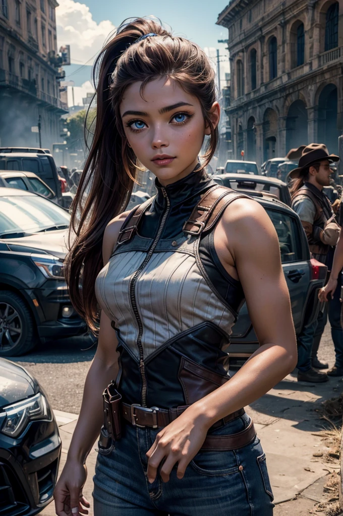 
iliaamitola, ilia amitola, smiling, long hair, blue eyes, brown hair, ponytail, dark skin, dark-skinned female, BREAK bare shoulders, bodysuit, BREAK sitting outside, river running next to colosseum, bonfires, wrecked vehicles, crowd, (crowd in military dress), post-apocalypse, dystopian future, crowd, (crowd in military uniforms), (volumetric lighting), best quality, masterpiece, intricate details, tonemapping, sharp focus, hyper detailed, BREAK looking at viewer, (cowboy shot:1.5), BREAK (masterpiece:1.2), best quality, high resolution, unity 8k wallpaper, (illustration:0.8), (beautiful detailed eyes:1.6), extremely detailed face, perfect lighting, extremely detailed CG, (perfect hands, perfect anatomy), 
