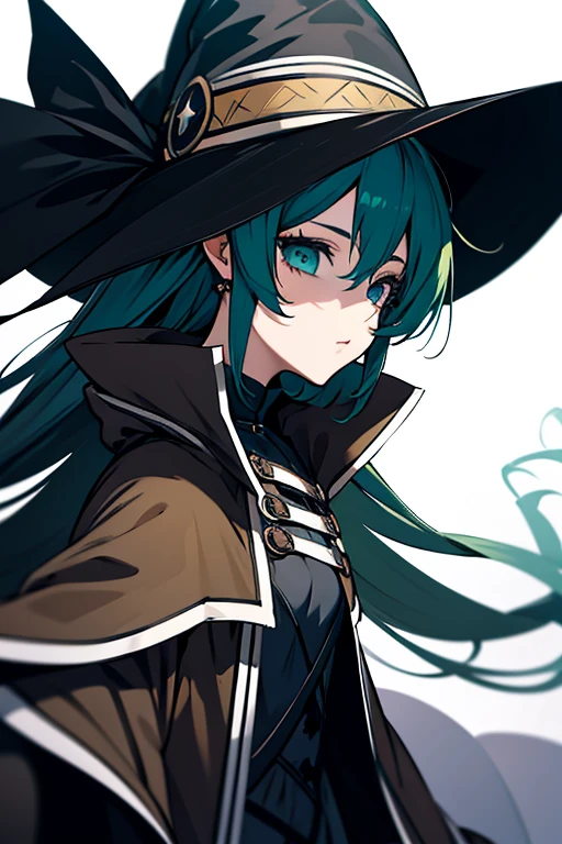 a close up of a person wearing a hat and dress, flirty anime witch casting magic, gothic maiden anime girl, anime girl with long hair, fashionable dark witch, in a cloak with long hairs, anime girl wearing a black dress, dark witch character, with a green cloak, witch girl, classical witch, green hair, haloween, backgraund night alley, older, age 24