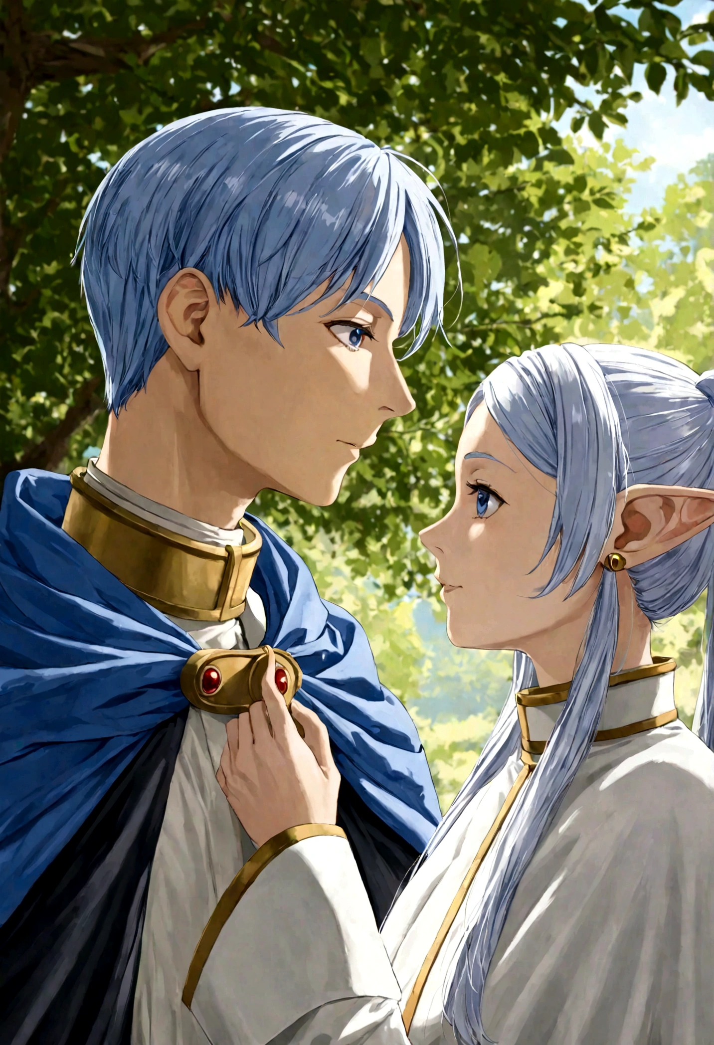 1boy, 1girl, frieren, himmel \(sousou no frieren\), sousou no frieren, outdoors, upper body, eye contact, light blue hair, cape, capelet, dappled sunlight, day, best quality, masterpiece, very aesthetic, perfect composition, intricate details, ultra-detailed