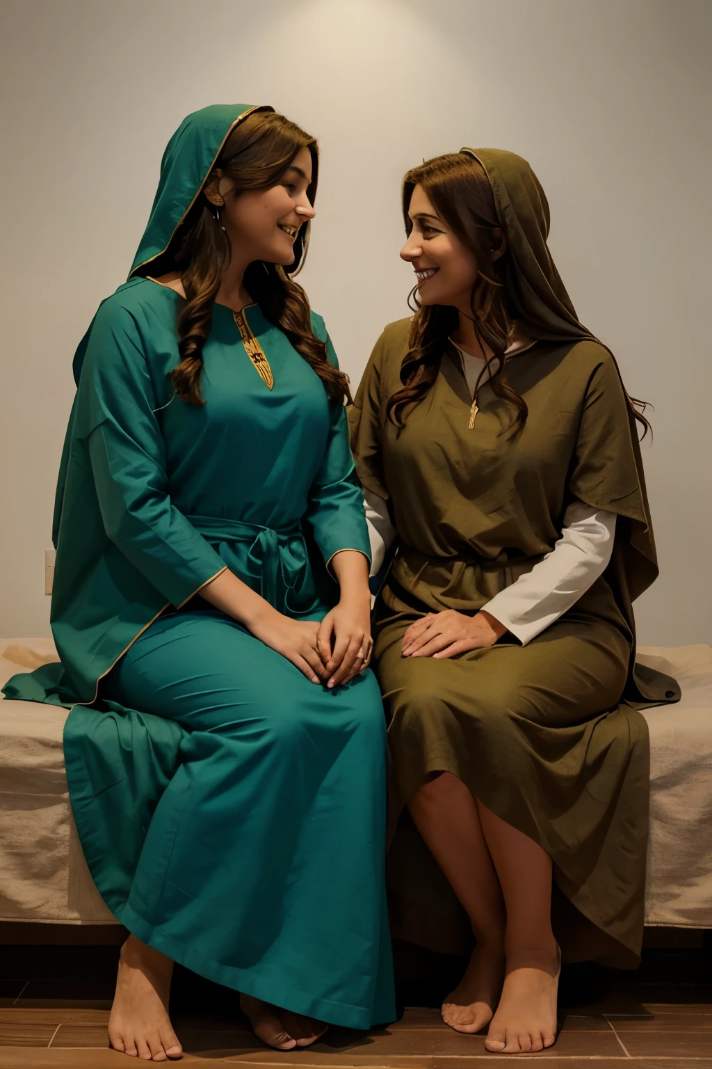 "An animated illustration of Martha and Mary, with Martha dressed in a brown tunic and a green cloak, ocupada en
tareas del hogar, and Mary in a blue tunic, sitting with Jesus