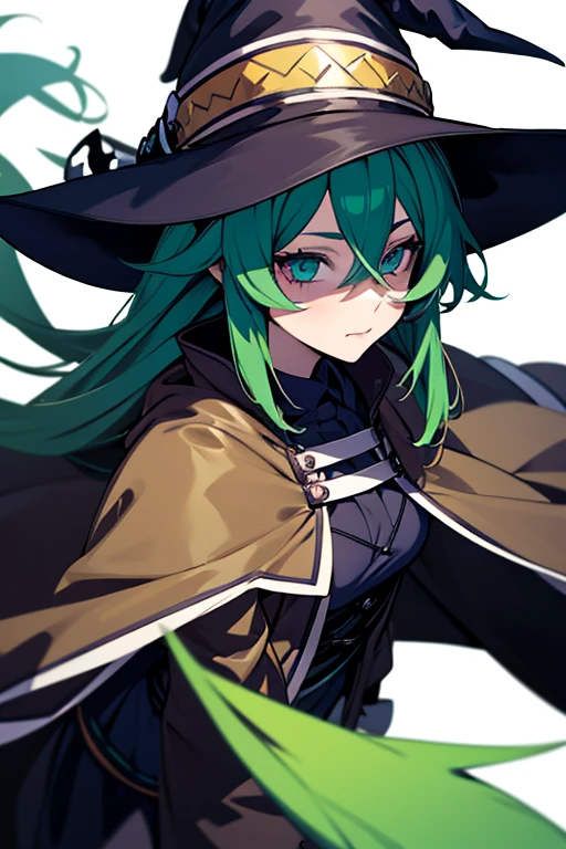 a close up of a person wearing a hat and dress, flirty anime witch casting magic, gothic maiden anime girl, anime girl with long hair, fashionable dark witch, in a cloak with long hairs, anime girl wearing a black dress, dark witch character, with a green cloak, witch girl, classical witch, green hair, haloween, backgraund night alley, older, age 24