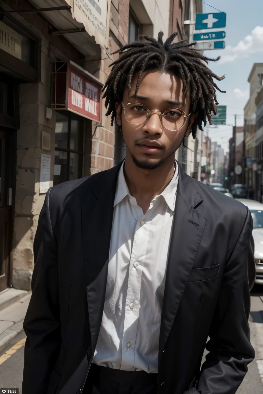 26-year-old black man, similar to actor Lakeith Stanfield. At 170cm tall, quite thin.
He wears a white dress shirt, high-waisted dark brown pants, and a shabby dark brown suit. Worn out clothes. Trages of the black population of the United States in the 1920s
Slightly long neck with a burn scar appearing on the right side.
Bony face, with freckles, scruffy beard, no hair, wears round glasses.
In the background of a city in the United States
Set the image in the 1920s. Vintage photo with sepia filter