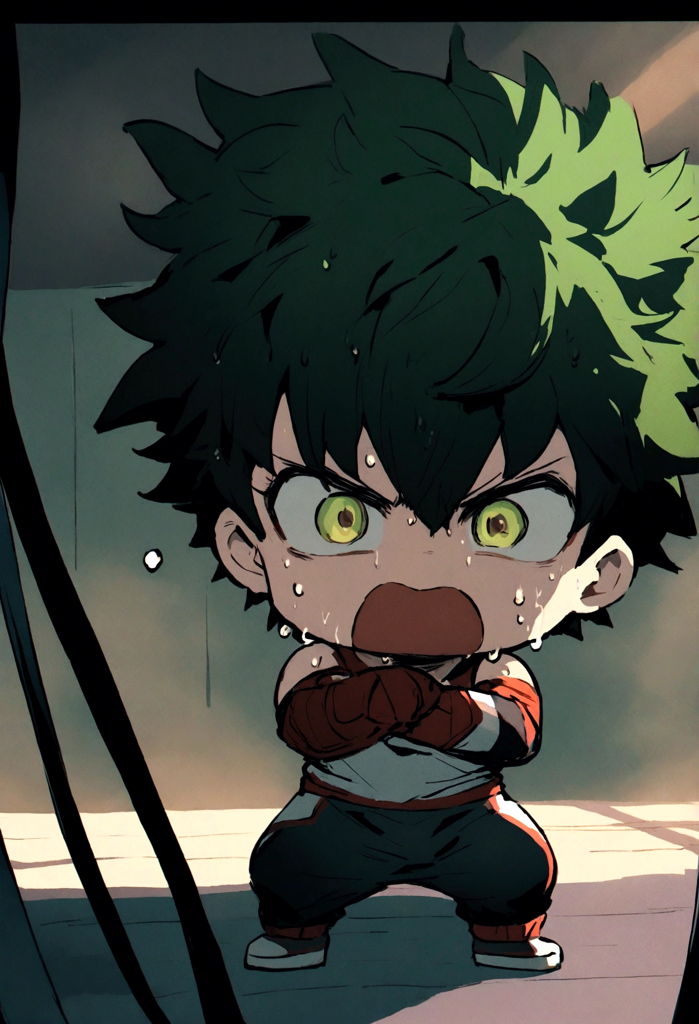 Illustrate Chibi Deku training intensely in the gym, sweat dripping down his face, with a look of fierce determination