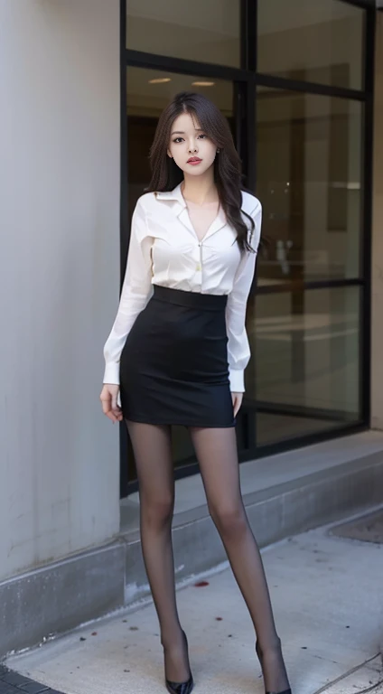 Best quality, Full body portrait,Delicate face,Pretty Face,20-year-old woman,fit,bigger bust,office,office服装,White,Exterior,Long hair