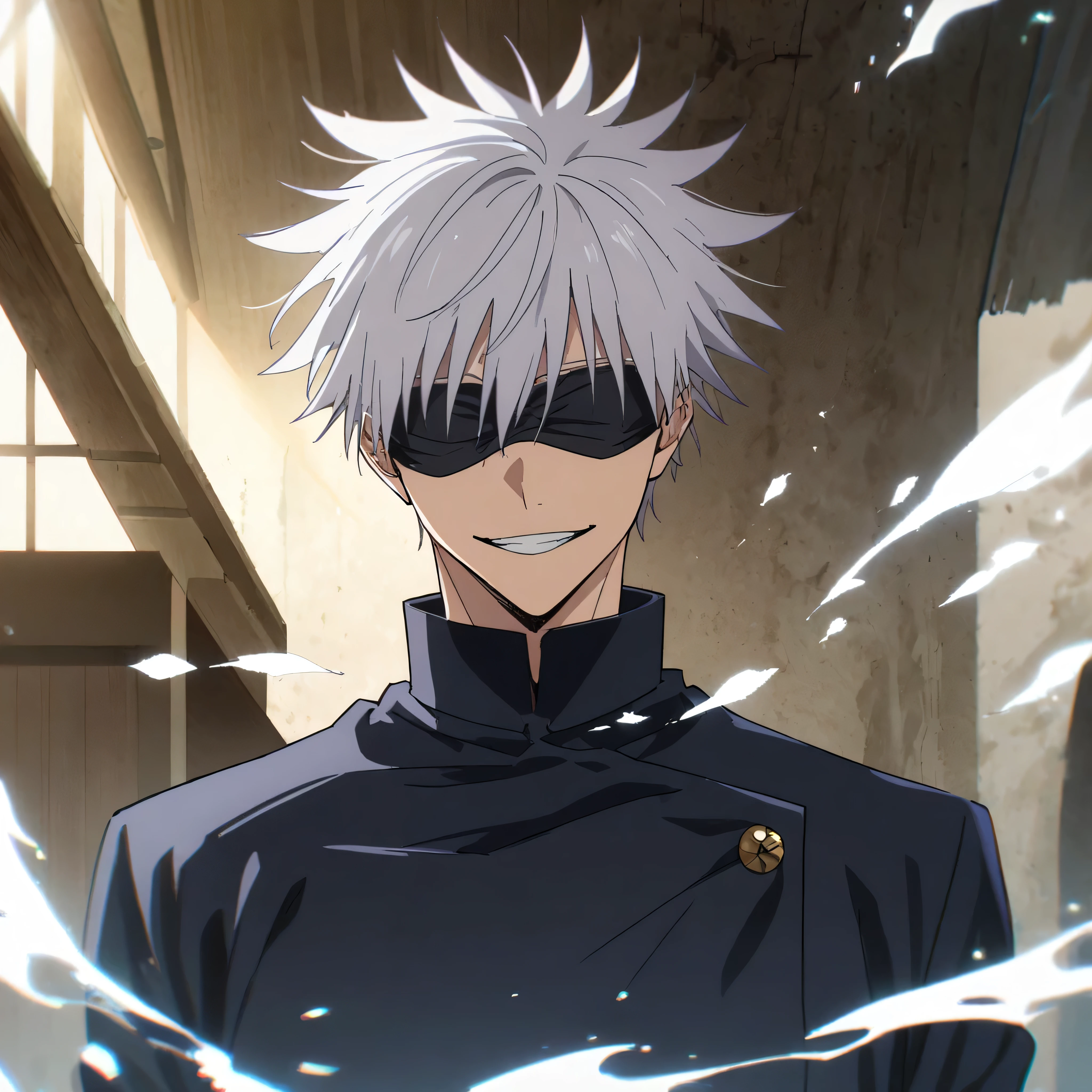 (1 male,satoru gojo,jujutsu kaisen,Gray Hair),(Gojo Satoru Costume Details:Black clothes with a high collar,(Black blindfold)), (Infinite Emptiness)Draw a scene from,Cynical smile,,Gojo is a tall adult male.,A highly likeable male character,Rising pale energy,Ishida Midori Style,I was impressed by Yoshihiro Togashi.,Black, white and blue as main colors,Intricate details,Wind,Impressive illustration work,Decadent,artwork,Perfect Anatomy,Anatomically correct,,Dynamically,nice,wonderful,Dark fantasy,Light and Darkness,Coming this way,(masterpiece:1.3),(highest quality:1.4),(ultra detailed:1.5),High resolution,extremely detailed,unity 8k wallpaper,Close-up portrat digital art