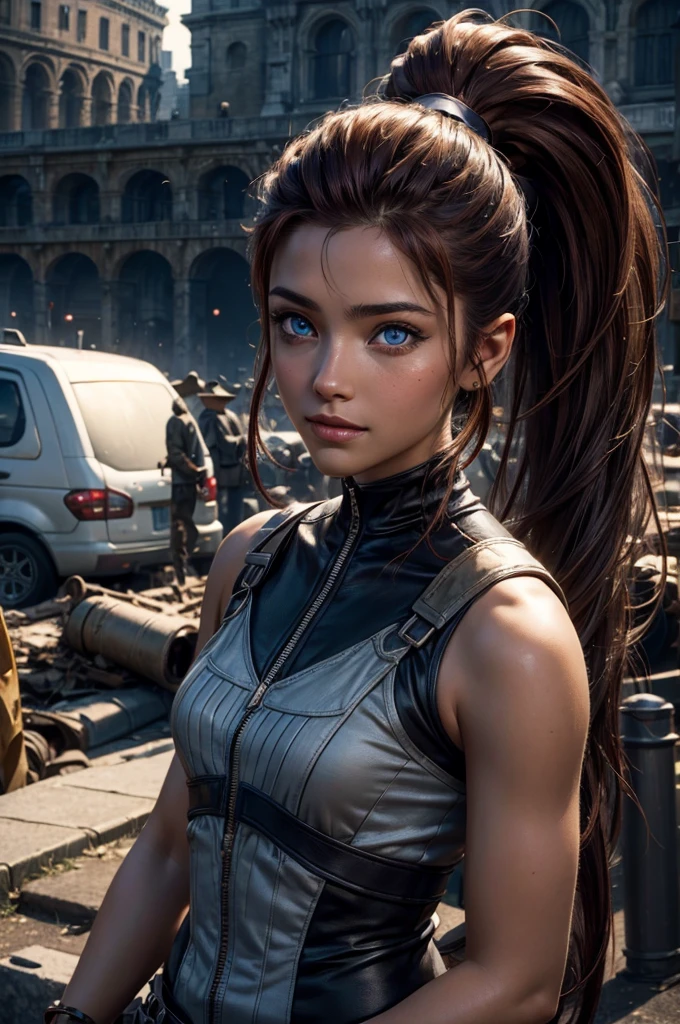 iliaamitola, ilia amitola, smiling, long hair, blue eyes, brown hair, ponytail, dark skin, dark-skinned female, BREAK bare shoulders, bodysuit, BREAK sitting outside, river running next to colosseum, bonfires, wrecked vehicles, crowd, (crowd in military dress), post-apocalypse, dystopian future, crowd, (crowd in military uniforms), (volumetric lighting), best quality, masterpiece, intricate details, tonemapping, sharp focus, hyper detailed, BREAK looking at viewer, (cowboy shot:1.5), BREAK (masterpiece:1.2), best quality, high resolution, unity 8k wallpaper, (illustration:0.8), (beautiful detailed eyes:1.6), extremely detailed face, perfect lighting, extremely detailed CG, (perfect hands, perfect anatomy),