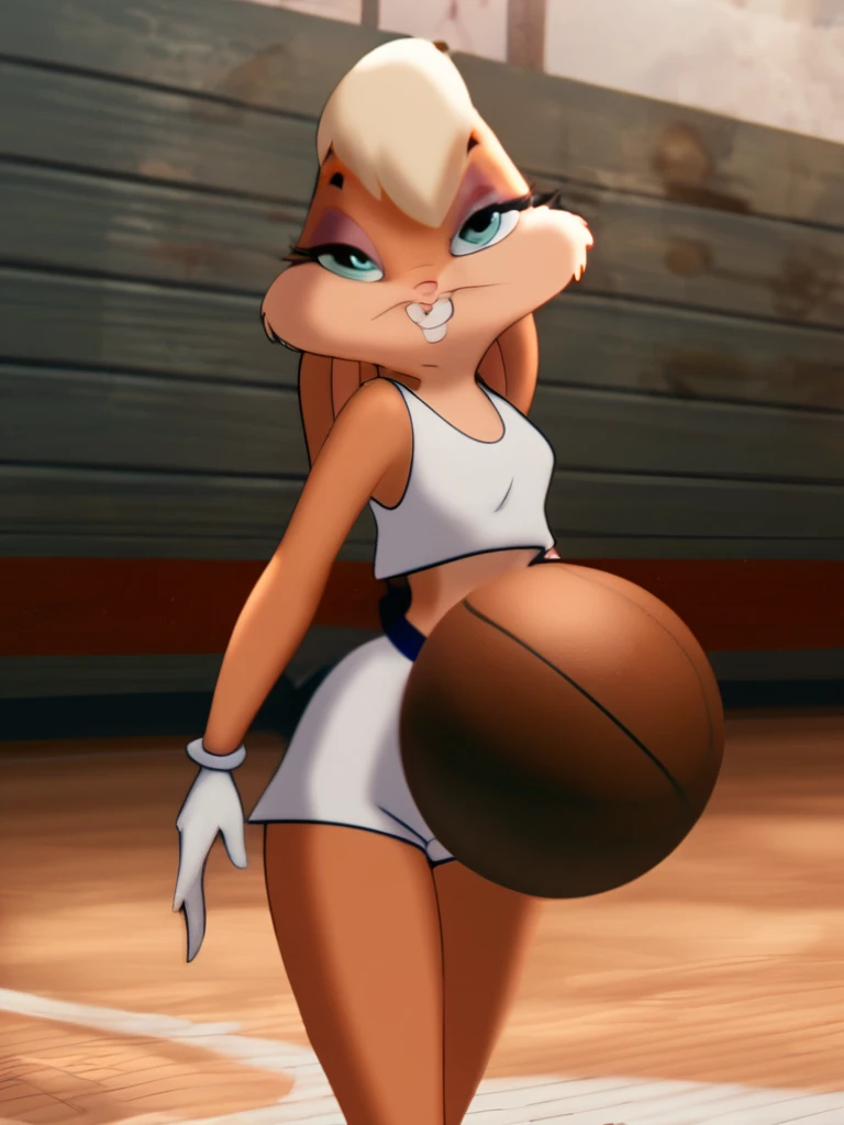 lolabunny, 1girl, solo, furry female, rabbit ears, rabbit girl, animal nose, crop top,white gloves,basketball, holding, blue eyes, body fur, standing, tail sleeveless,white shorts, buck teeth,cowboy shot,smile,looking at viewer, outdoors, score_9, score_8_up, score_7_up, score_6_up, score_5_up, score_4_up