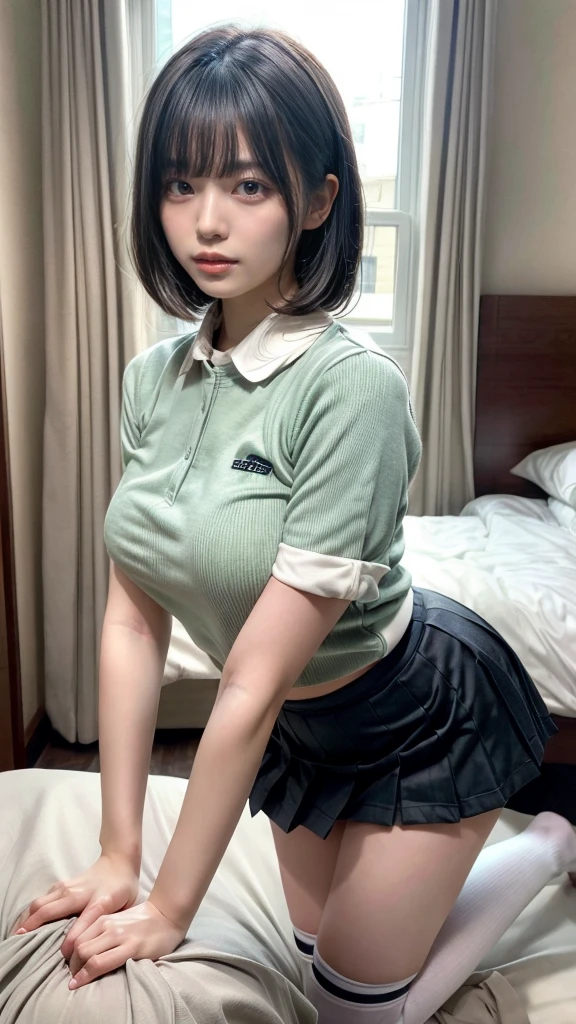 masterpiece, best quality, illustration, Super detailed, fine details, High resolution, 8K,wall paper, perfect dynamic composition,(Details High quality, realistic depiction of eyes:1.3), (collared shirt:1.1), pleated skirt, knee high socks, plump breast, saggy breasts、expresses the roundness and softness of your chest, Don't expose it, short bob hair, black hair color, Big Natural Color Lip, (perfect body shape), crying a little、20 year old girl、cute type、beautiful legs, hotel room, Gravure Idol,  large hip, getting pounded from behind, on all fours