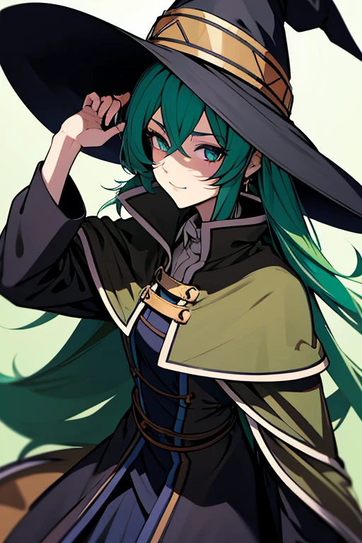 a close up of a person wearing a hat and dress, flirty anime witch casting magic, anime girl with long hair, fashionable dark witch, in a cloak with long hairs, anime girl wearing a black dress, dark witch character, with a green cloak, witch girl, classical witch, green hair, haloween, backgraund night, older, age 24