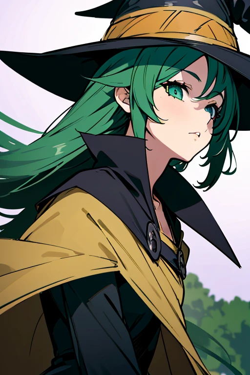a close up of a person wearing a hat and dress, flirty anime witch casting magic, anime girl with long hair, fashionable dark witch, in a cloak with long hairs, anime girl wearing a black dress, dark witch character, with a green cloak, witch girl, classical witch, green hair, haloween, backgraund night, older, age 24