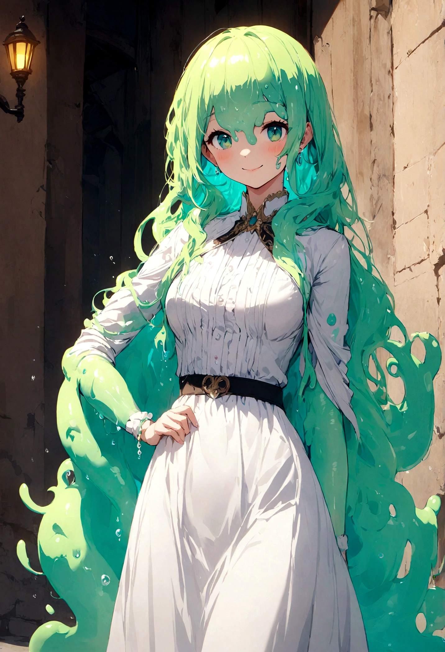 slime girl, medium breasts, smile, 