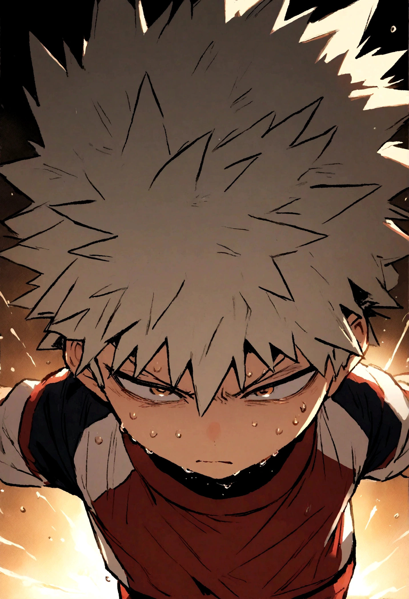 Illustrate Chibi bakugo in gym clothes, sweat dripping down his face, with a look of fierce determination