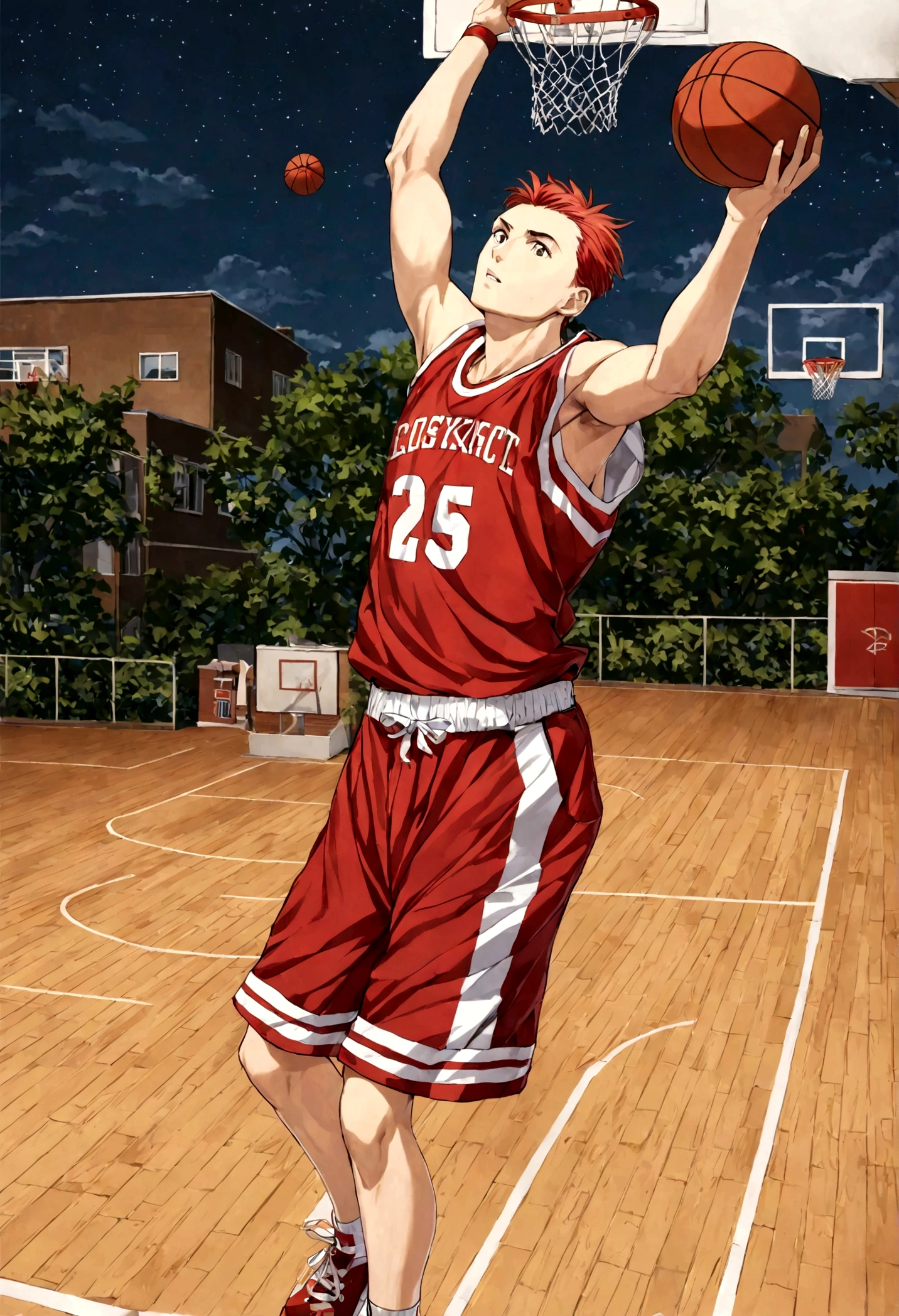 1boy, Hanamichi Sakuragi, Slam Dunk, red hair, short hair, tall, vest, Basketball Court, dynamic pose, best quality, masterpiece, very aesthetic, perfect composition, intricate details, ultra-detailed