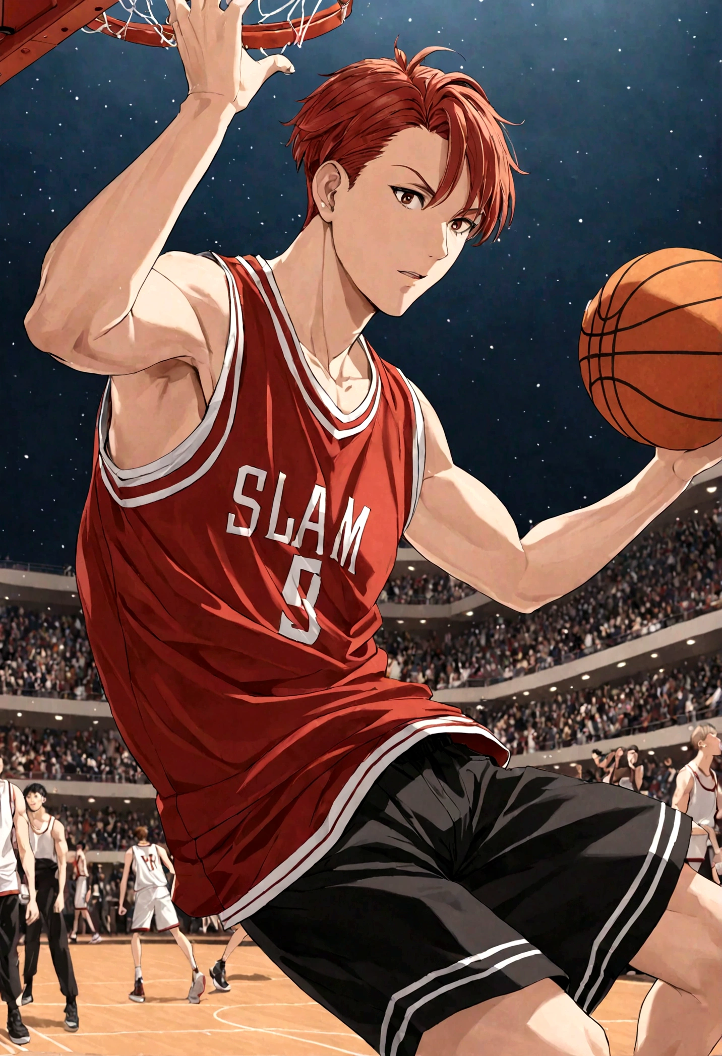 1boy, Hanamichi Sakuragi, Slam Dunk, red hair, short hair, tall, vest, Basketball Court, dynamic pose, best quality, masterpiece, very aesthetic, perfect composition, intricate details, ultra-detailed