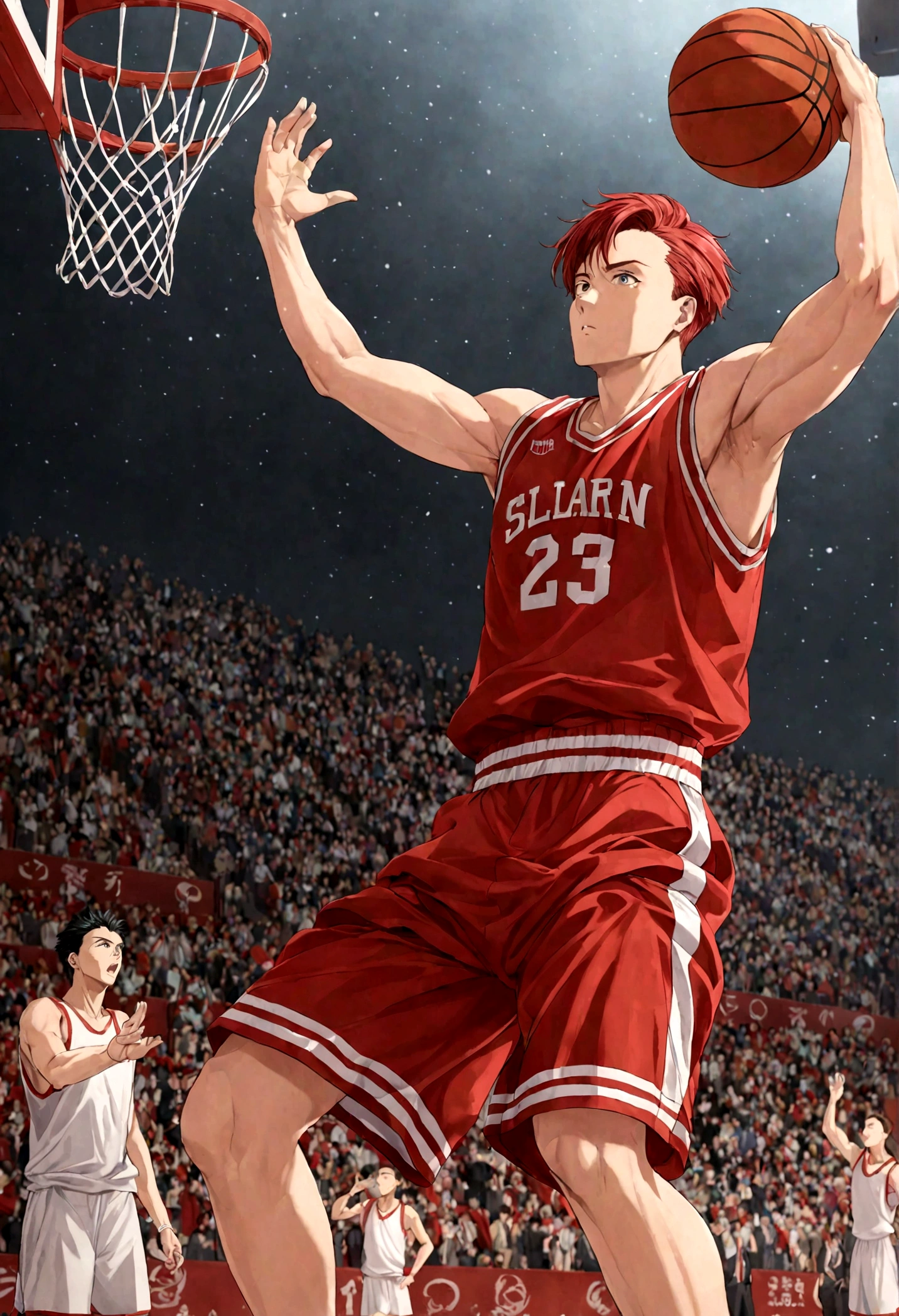 1boy, Hanamichi Sakuragi, Slam Dunk, red hair, short hair, tall, vest, Basketball Court, dynamic pose, best quality, masterpiece, very aesthetic, perfect composition, intricate details, ultra-detailed