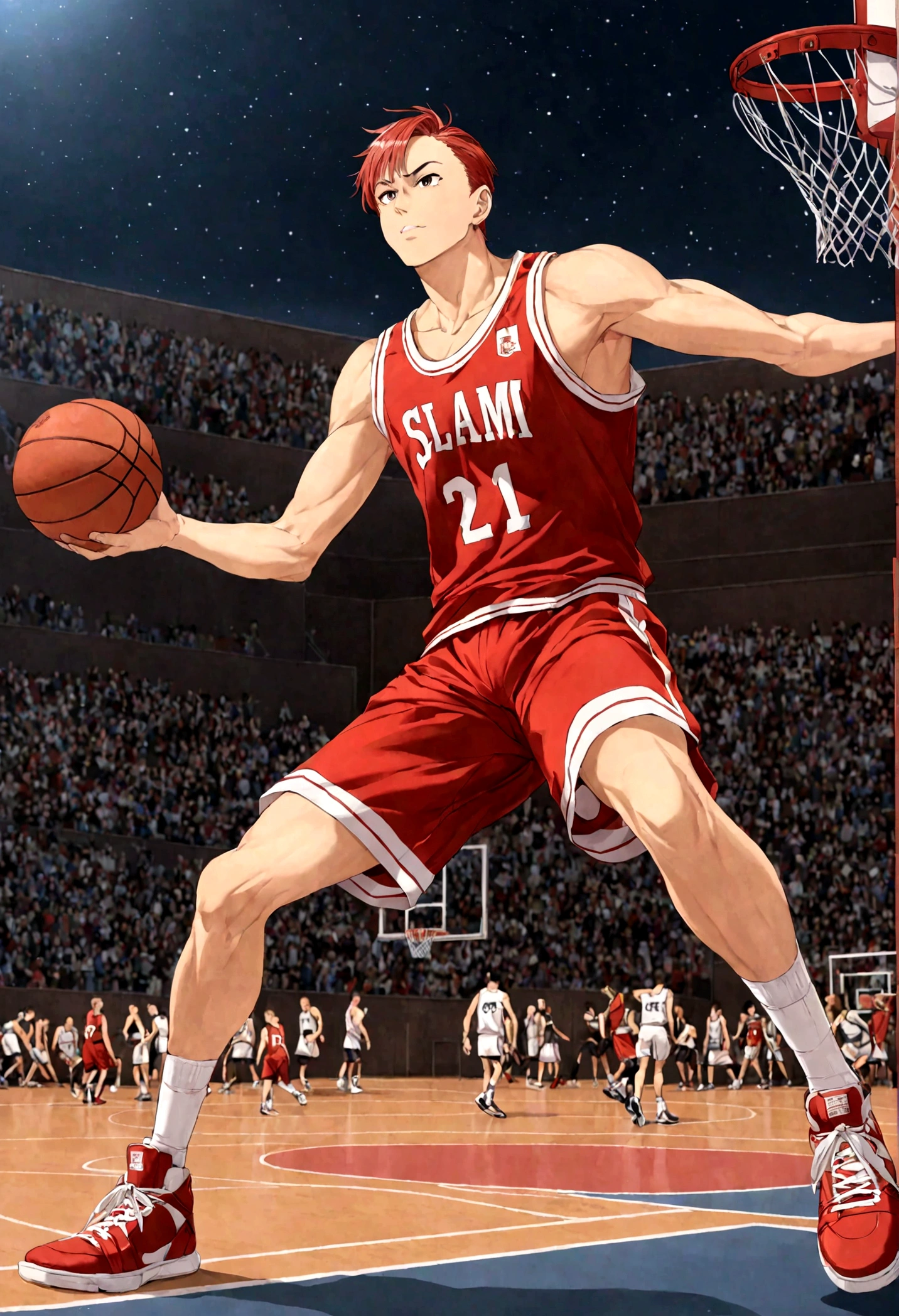 1boy, Hanamichi Sakuragi, Slam Dunk, red hair, short hair, tall, vest, Basketball Court, dynamic pose, best quality, masterpiece, very aesthetic, perfect composition, intricate details, ultra-detailed