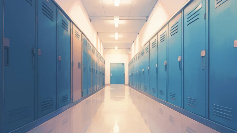 (masterpiece), best quality, ultra detailed, anime background, white wall, school, hallway, high school, lockers