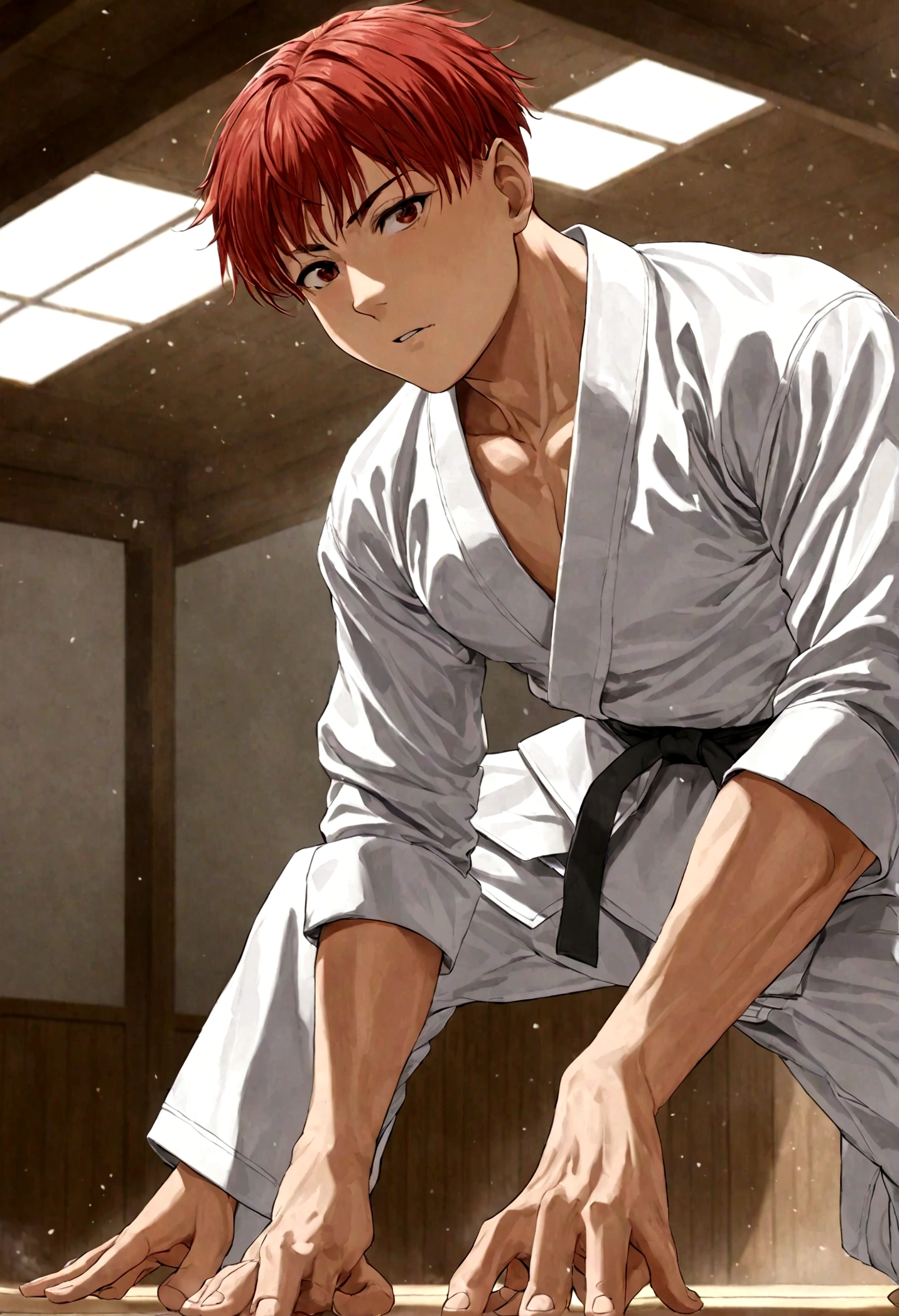 1boy, Hanamichi Sakuragi, "Slam Dunk", red hair, short hair, tall, Judo attire, dojo, dynamic pose, best quality, masterpiece, very aesthetic, perfect composition, intricate details, ultra-detailed