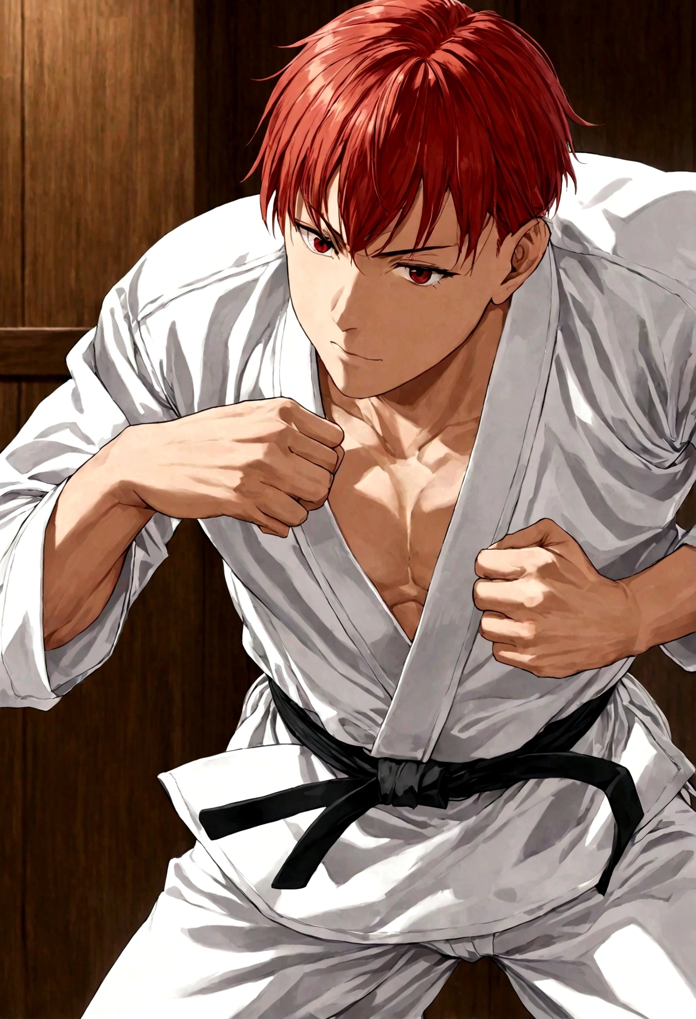 1boy, Hanamichi Sakuragi, "Slam Dunk", red hair, short hair, tall, Judo attire, dojo, dynamic pose, best quality, masterpiece, very aesthetic, perfect composition, intricate details, ultra-detailed