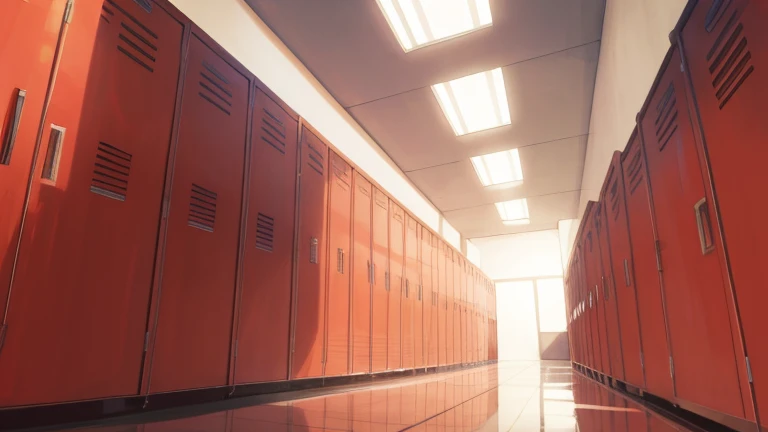 (masterpiece), best quality, ultra detailed, anime background, white wall, school, hallway, high school, red lockers