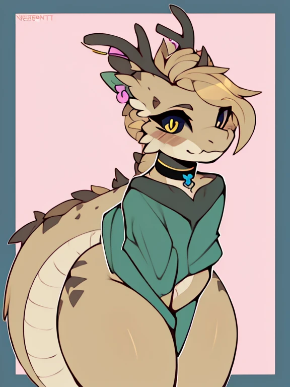by nepentz, nardoragon_species, 2d artwork, shaded, absurd high res, high res face, high res eyes, high resolution on eyes, well defined pupil, round eyes, dark sclera, deep gaze, Ultra high Quality, high quality colours, flat shade, furred dragon, anthro, biped, girly, ear piercing golden ear piercing, 1 earpiercing, khaki hair, girly hair, profile head, khaki fur, two tone fur, brown nasal septum, brown ears only, profile head, brown hands, furred tail with tan and brown fur, tuft on tail tip, yellow eyes, black sclera, eye looking at the viewer, blush on face, black choker, ear piercing, girly male, smirk, girly pose, sexy pose, femboy, femenine shape, slighty tan body, femenine, captivating, alluring, huge thighs, wide hips, dark green shirt, oversized shirt, baggy shirt, baggy shirt around hips, baggy shirt around butt, small dragon antlers, three by four perspective, 3/4 view, profile head, eyes looking at the viewer, leaning forward to the viewer, blep, purple tongue, underwearless, half naked, half nude, hands rides a little, closed hands