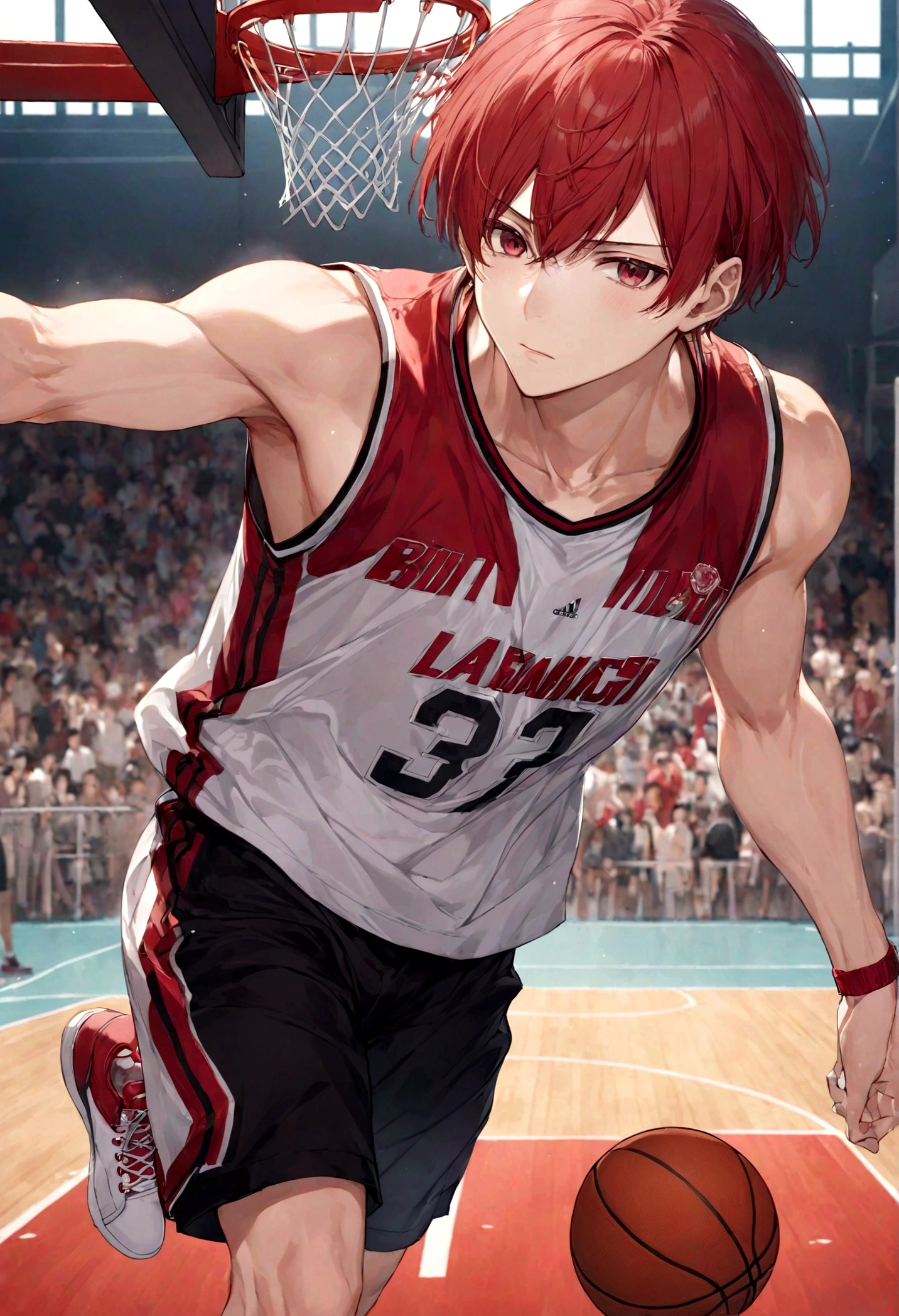 1boy, Hanamichi Sakuragi, Slam Dunk, red hair, short hair, tall, vest, Basketball Court, dynamic pose, best quality, masterpiece, very aesthetic, perfect composition, intricate details, ultra-detailed