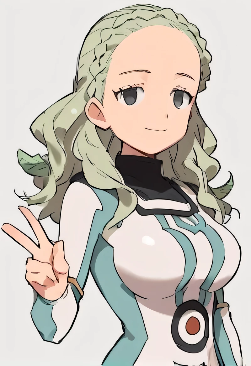 best quality,ultra detailed,looking at viewer,solo,score_9, score_8_up, score_7_up, score_6_up, score_5_up, score_4_up, source_anime, simple background, 1girl, guel, grey eyes, braid, empty eyes, green hair, long hair, big breasts,standing,(front view,portrait),full body,, face, ((v)), pose, smile, white bodysuit,  