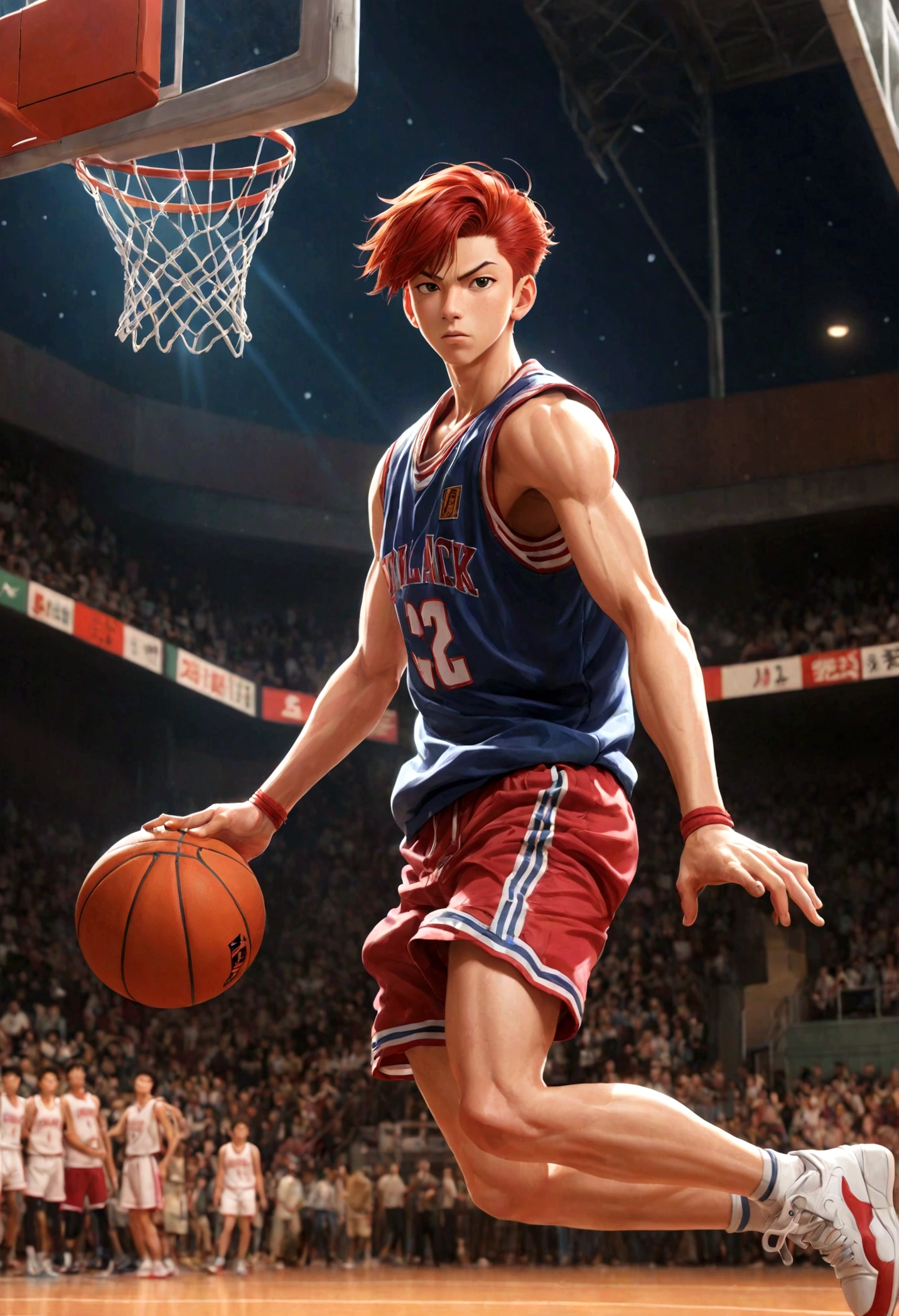 1boy, Hanamichi Sakuragi, Slam Dunk, red hair, short hair, tall, vest, Basketball Court, dynamic pose, best quality, masterpiece, very aesthetic, perfect composition, intricate details, ultra-detailed