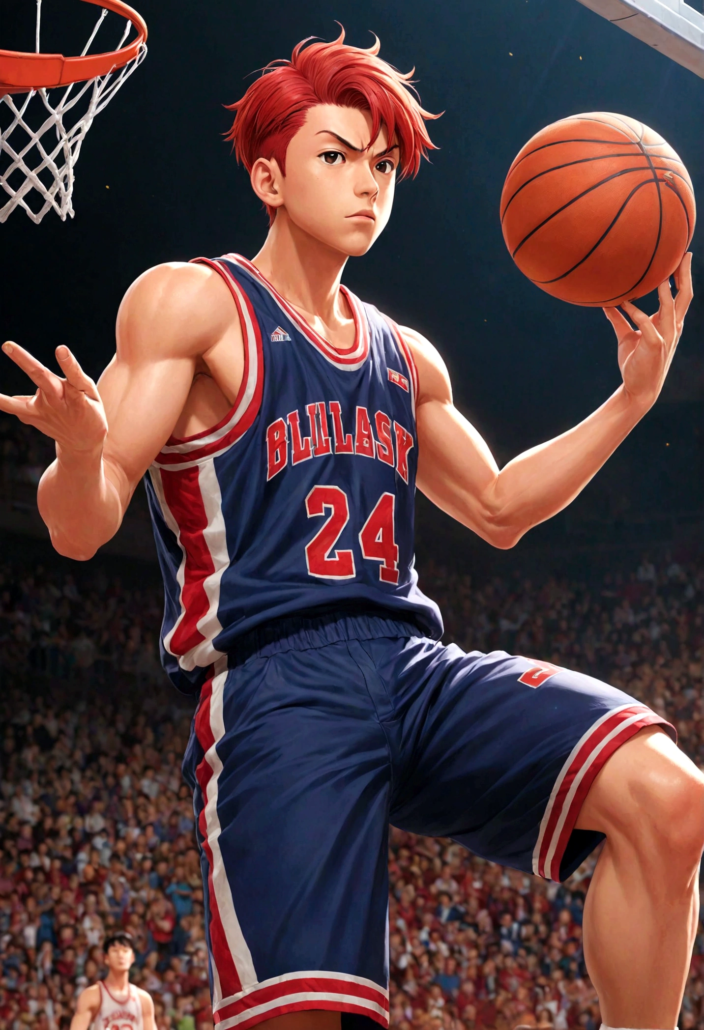1boy, Hanamichi Sakuragi, Slam Dunk, red hair, short hair, tall, vest, Basketball Court, dynamic pose, best quality, masterpiece, very aesthetic, perfect composition, intricate details, ultra-detailed