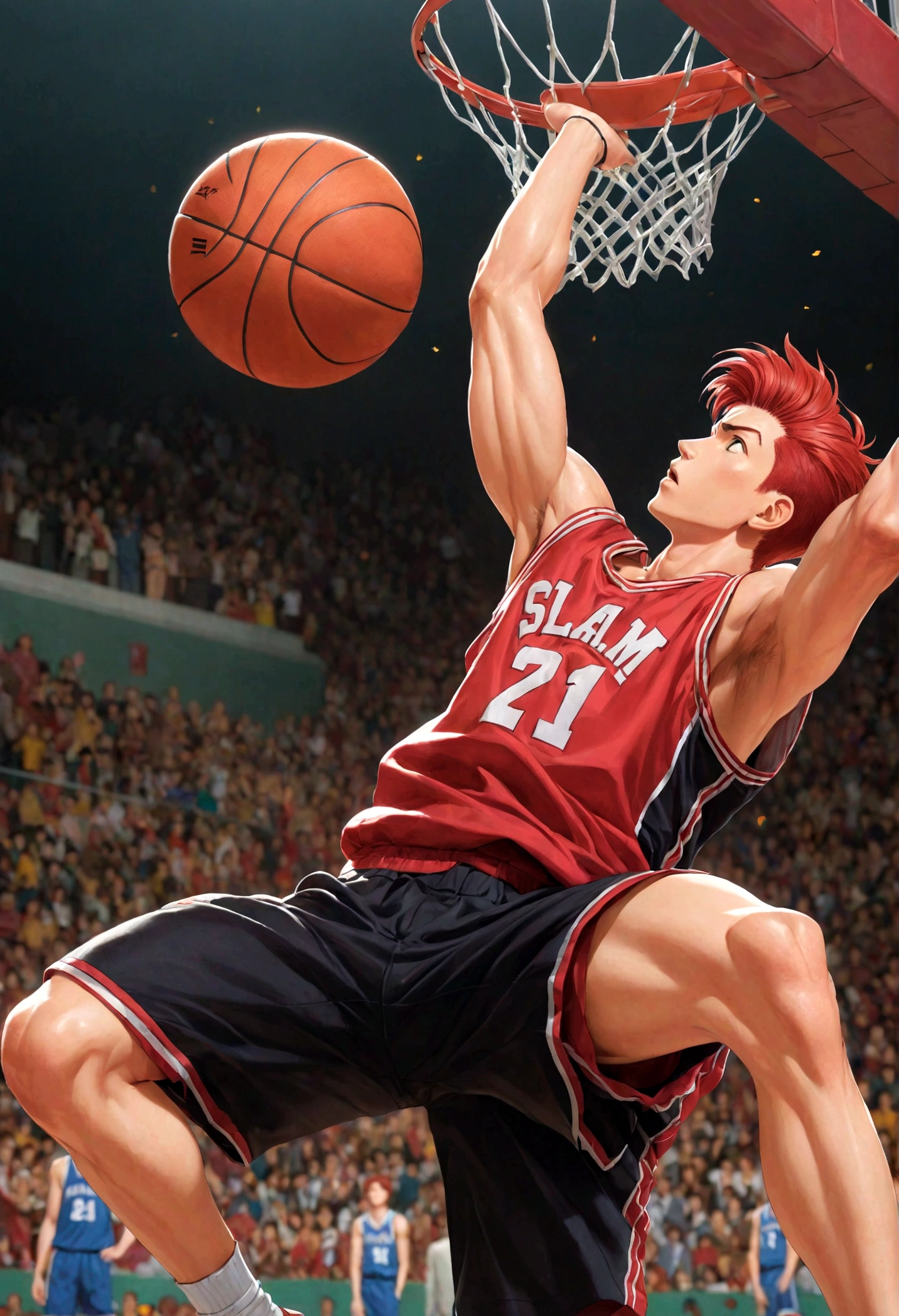 1boy, Hanamichi Sakuragi, Slam Dunk, red hair, short hair, tall, vest, Basketball Court, dynamic pose, best quality, masterpiece, very aesthetic, perfect composition, intricate details, ultra-detailed