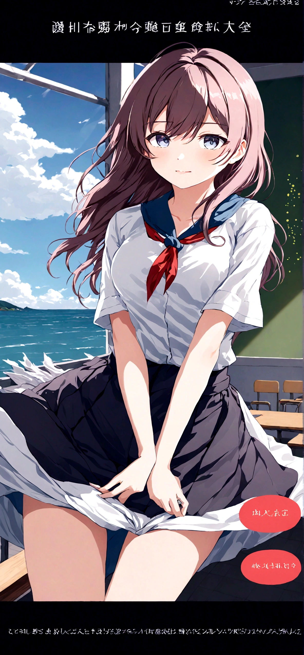 Navy blue skirt. She is holding her skirt up in the strong wind. Her white cotton panties are visible.