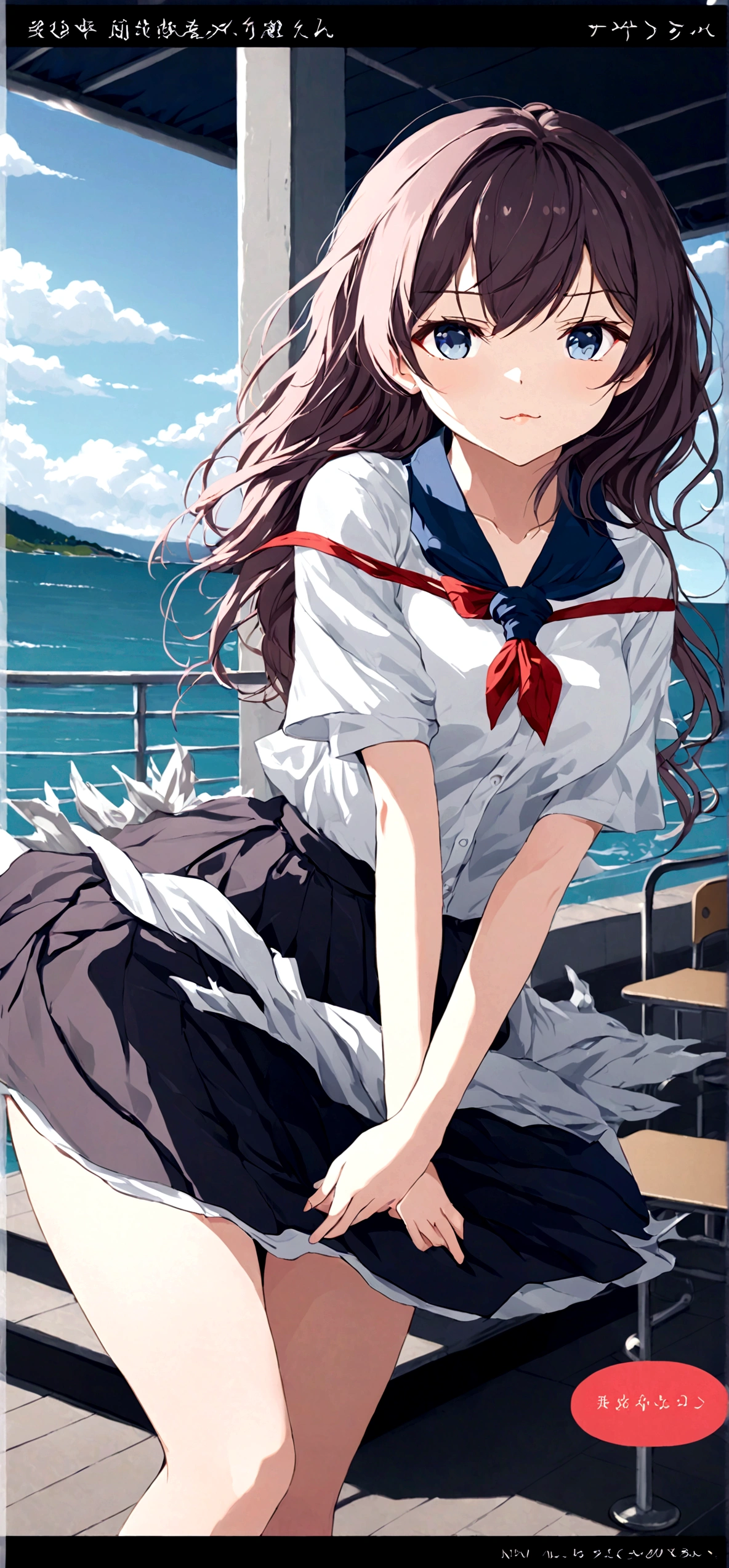 
Navy blue skirt. She is holding her skirt up in the strong wind. Her white cotton panties are visible.

