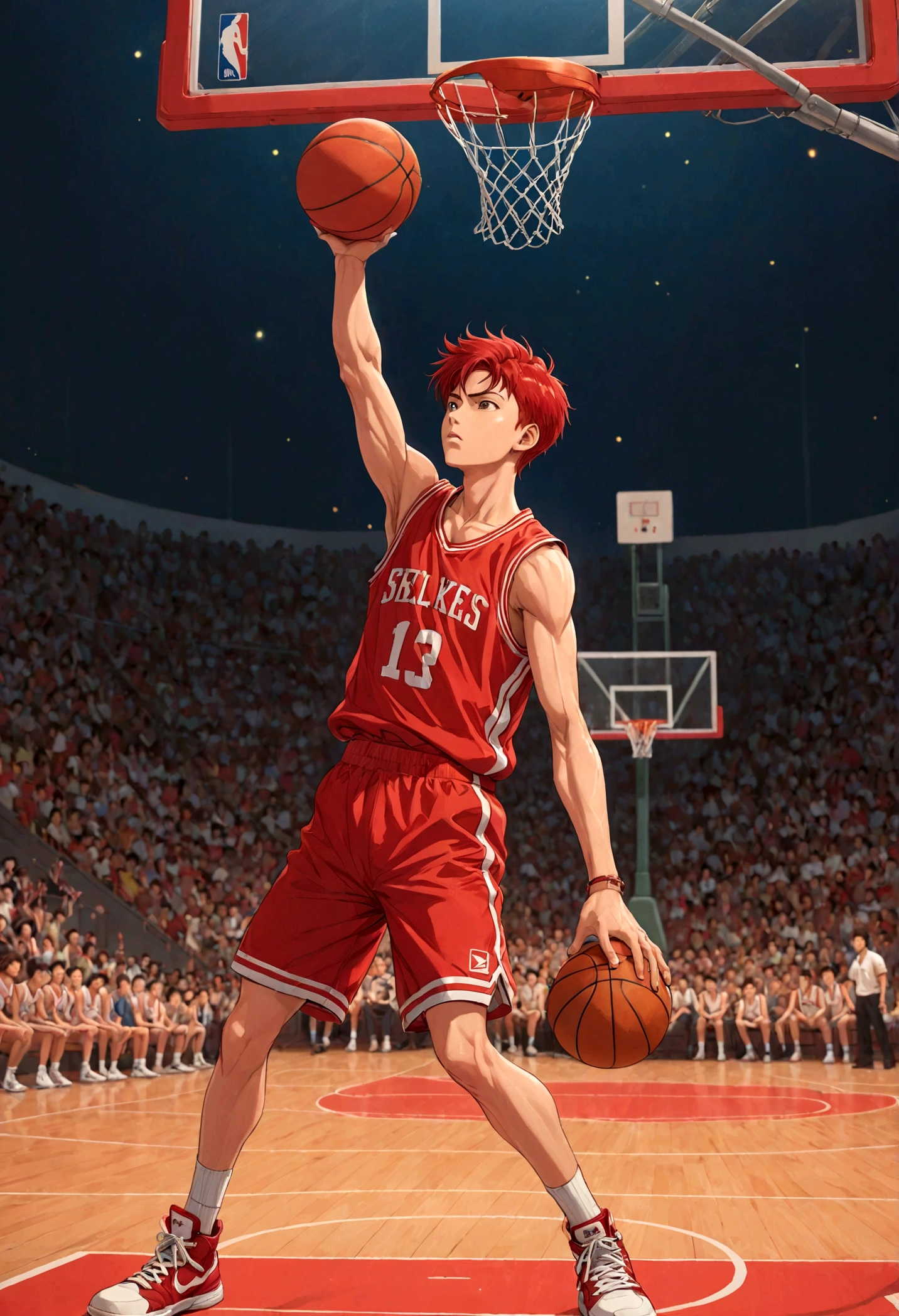 1boy, Hanamichi Sakuragi, Slam Dunk, red hair, short hair, tall, vest, Basketball Court, dynamic pose, best quality, masterpiece, very aesthetic, perfect composition, intricate details, ultra-detailed