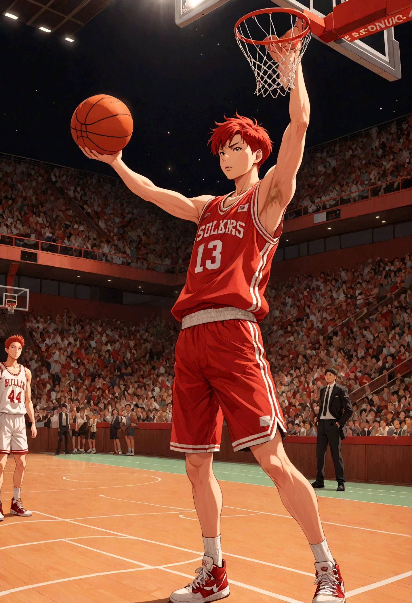 1boy, Hanamichi Sakuragi, Slam Dunk, red hair, short hair, tall, vest, Basketball Court, dynamic pose, best quality, masterpiece, very aesthetic, perfect composition, intricate details, ultra-detailed