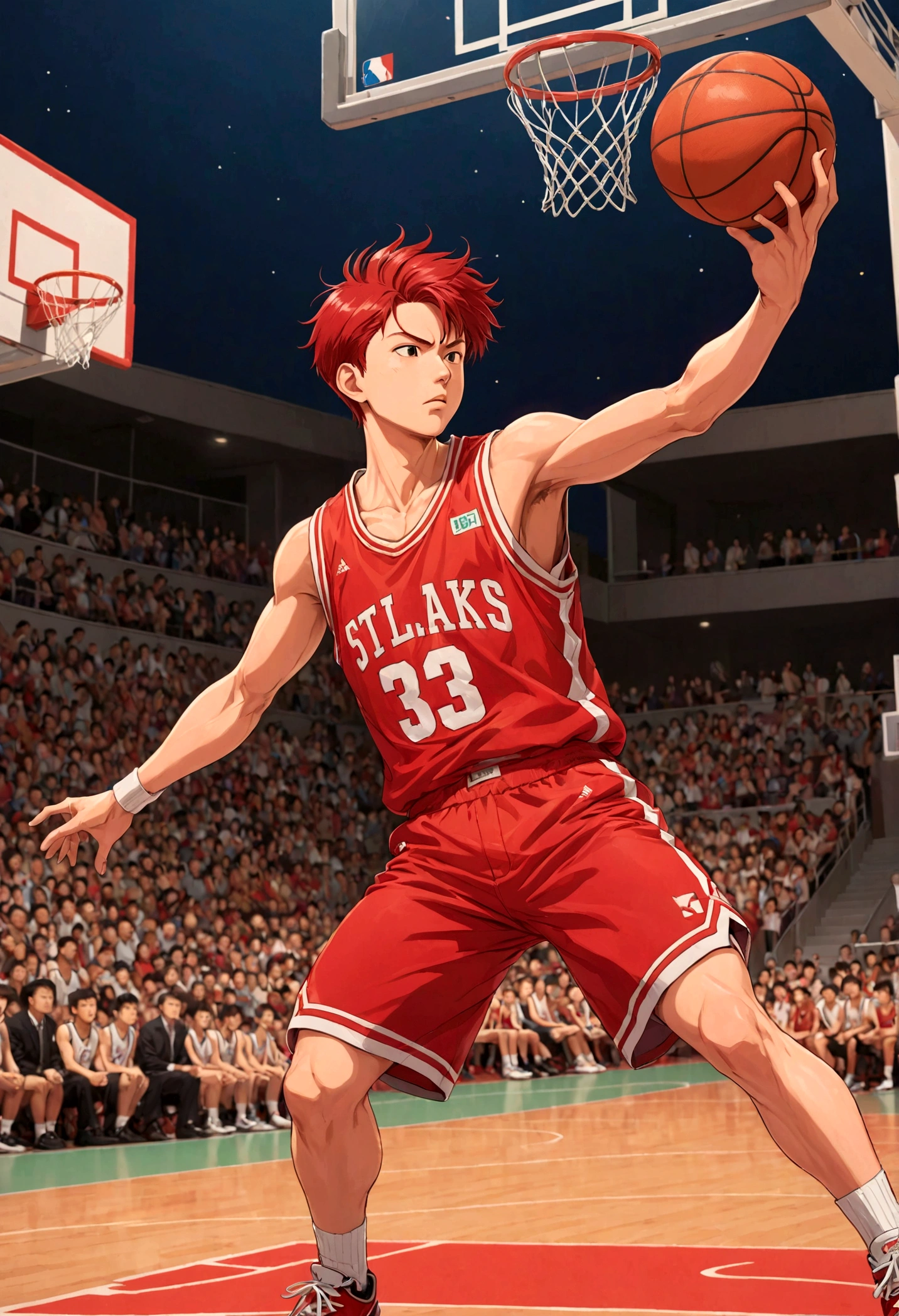 1boy, Hanamichi Sakuragi, Slam Dunk, red hair, short hair, tall, vest, Basketball Court, dynamic pose, best quality, masterpiece, very aesthetic, perfect composition, intricate details, ultra-detailed