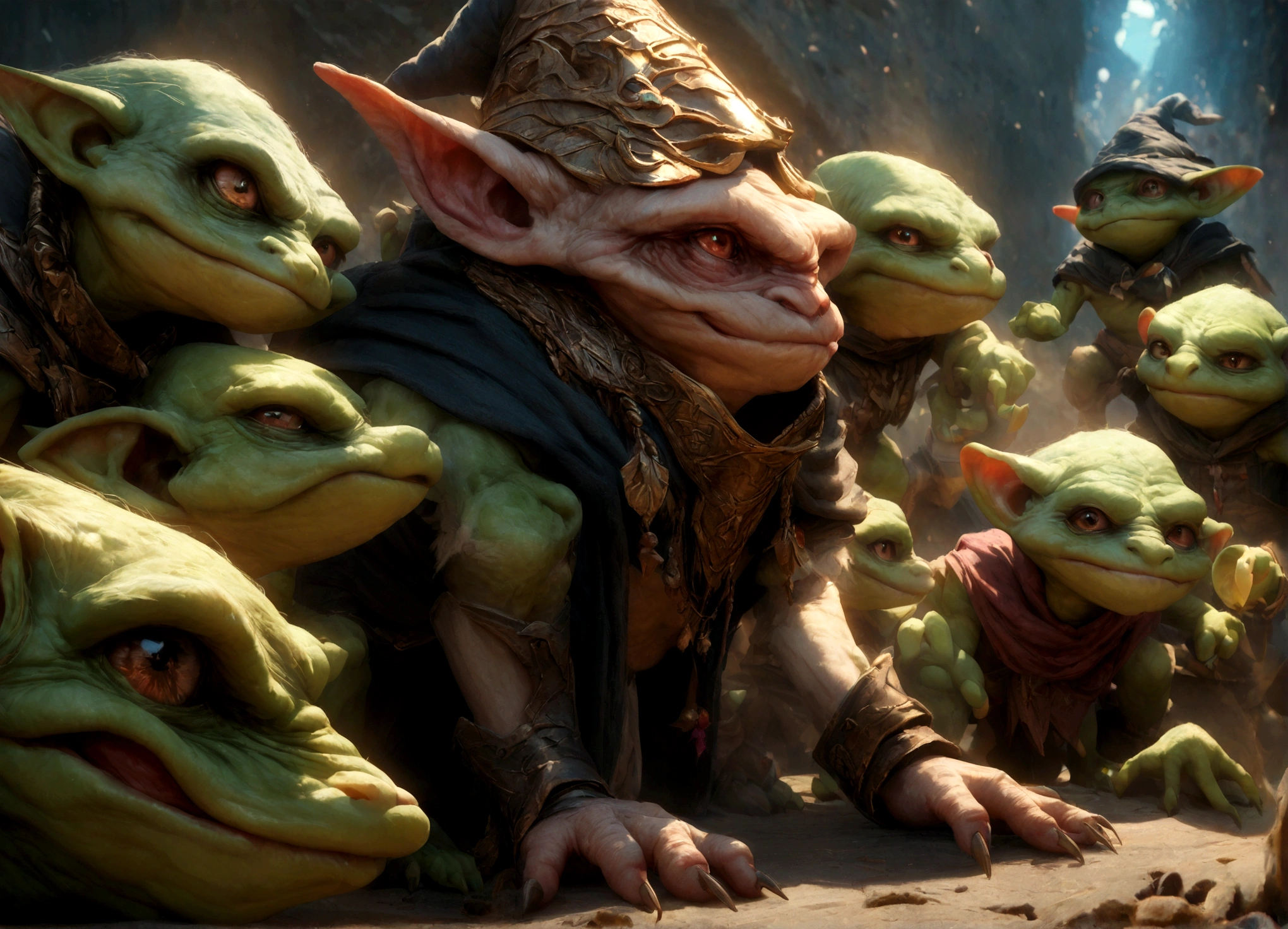 a squad of elite goblins, goblin sized toad, evil cowardly goblins, fighter cleric wizard thief, garbage versions of heroic armor, highly detailed, intricate, cinematic lighting, vibrant colors, 8k, hyper realistic, dark fantasy, masterpiece