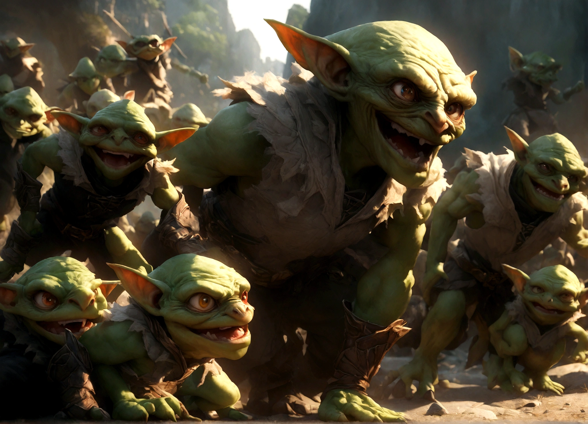 a squad of elite goblins, goblin sized toad, evil cowardly goblins, fighter cleric wizard thief, garbage versions of heroic armor, highly detailed, intricate, cinematic lighting, vibrant colors, 8k, hyper realistic, dark fantasy, masterpiece