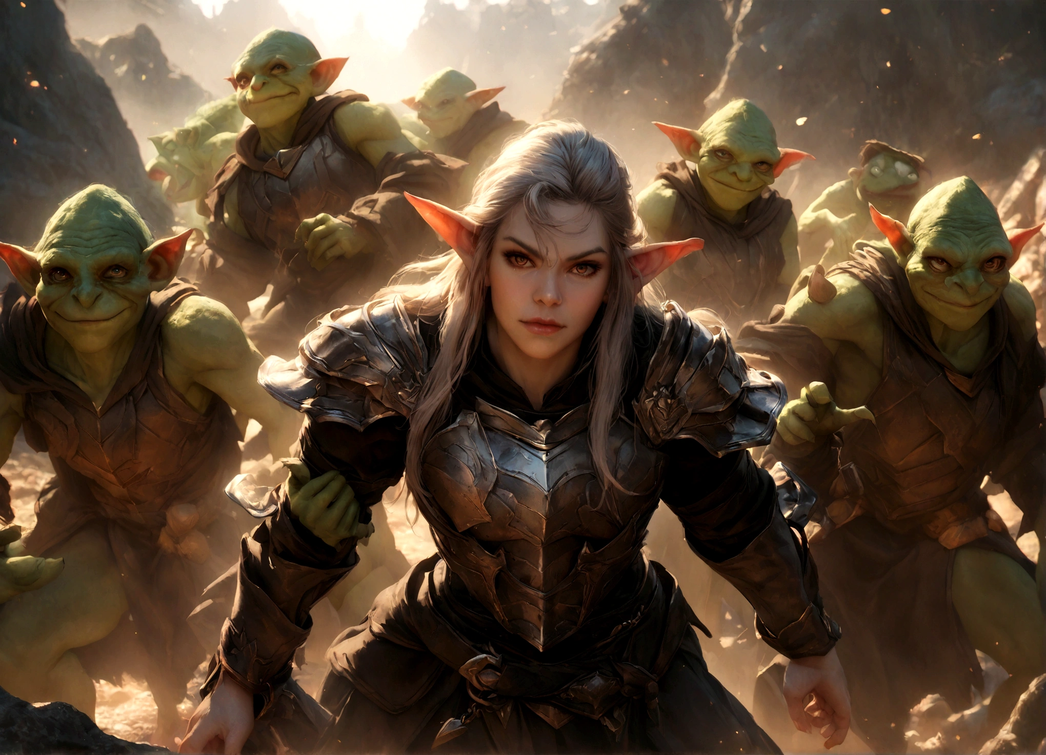 a squad of elite goblins, goblin sized toad, evil cowardly goblins, fighter cleric wizard thief, garbage versions of heroic armor, highly detailed, intricate, cinematic lighting, vibrant colors, 8k, hyper realistic, dark fantasy, masterpiece