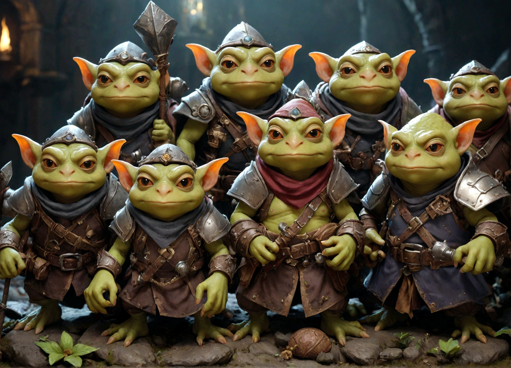 a squad of elite goblins, goblin sized toad, evil cowardly goblins, fighter cleric wizard thief, garbage versions of heroic armor, highly detailed, intricate, cinematic lighting, vibrant colors, 8k, hyper realistic, dark fantasy, masterpiece