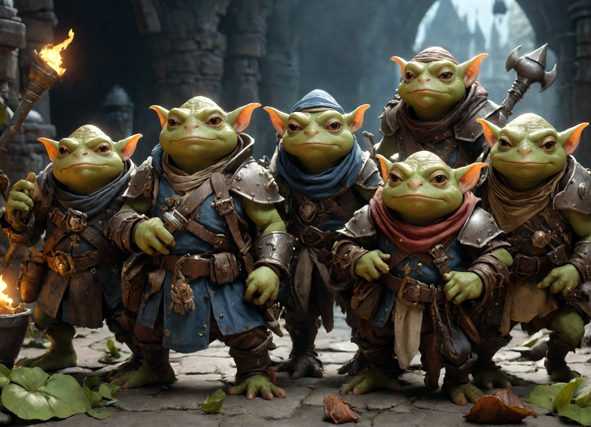 a squad of elite goblins, goblin sized toad, evil cowardly goblins, fighter cleric wizard thief, garbage versions of heroic armor, highly detailed, intricate, cinematic lighting, vibrant colors, 8k, hyper realistic, dark fantasy, masterpiece