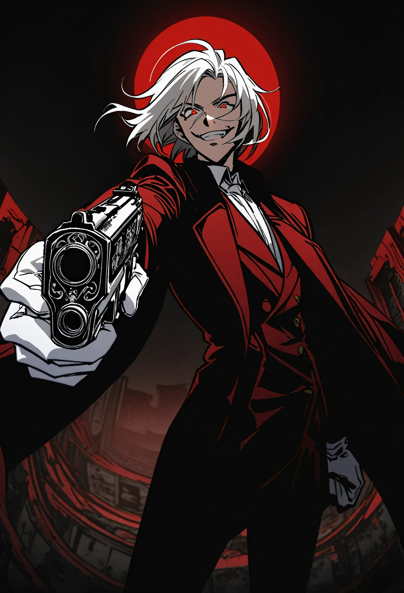 Alucard from "Hellsing" in close-up, in high quality.  Fisheye effect, focusing the image on the barrels of their distinctive engraved pistols, the Jackal and the Casull, pointing directly at the viewer.  The image shows his iconic red outfit in great detail, with the crimson coat fluttering slightly in the wind, and his white gloves with pentagrams clearly visible.  In the background, his face is clearly seen, with crimson eyes shining with malice and a cynical smile that reveals his sharp fangs.  The atmosphere is dark and oppressive, with high contrast to intensify his aura of terror.