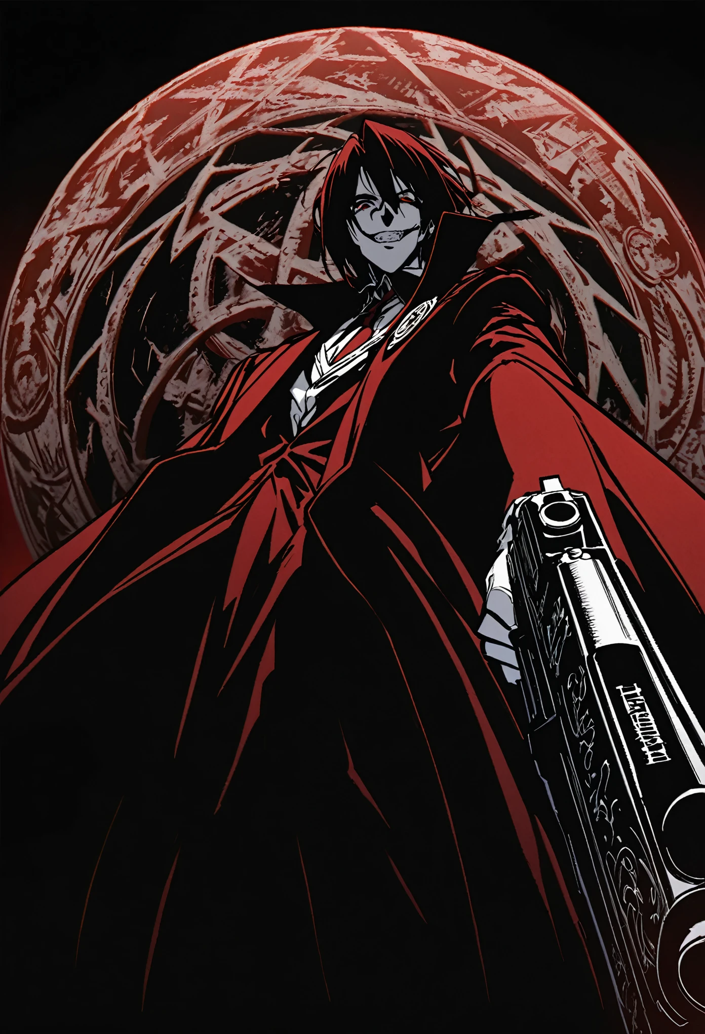 Alucard from "Hellsing" in close-up, in high quality.  Fisheye effect, focusing the image on the barrels of their distinctive engraved pistols, the Jackal and the Casull, pointing directly at the viewer.  The image shows his iconic red outfit in great detail, with the crimson coat fluttering slightly in the wind, and his white gloves with pentagrams clearly visible.  In the background, his face is clearly seen, with crimson eyes shining with malice and a cynical smile that reveals his sharp fangs.  The atmosphere is dark and oppressive, with high contrast to intensify his aura of terror.