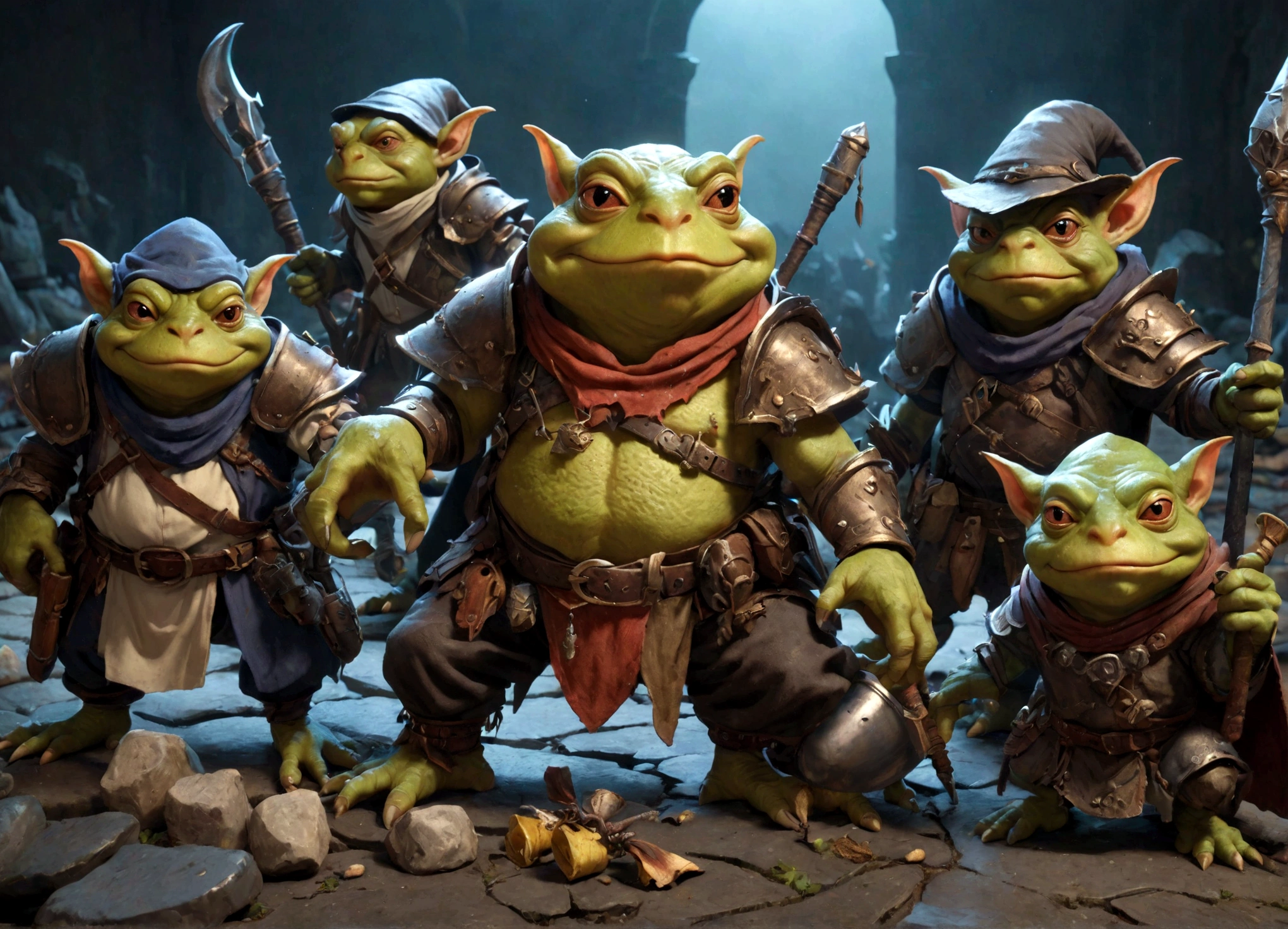 a squad of elite goblins, goblin sized toad, evil cowardly goblins, fighter cleric wizard thief, garbage versions of heroic armor, highly detailed, intricate, cinematic lighting, vibrant colors, 8k, hyper realistic, dark fantasy, masterpiece
