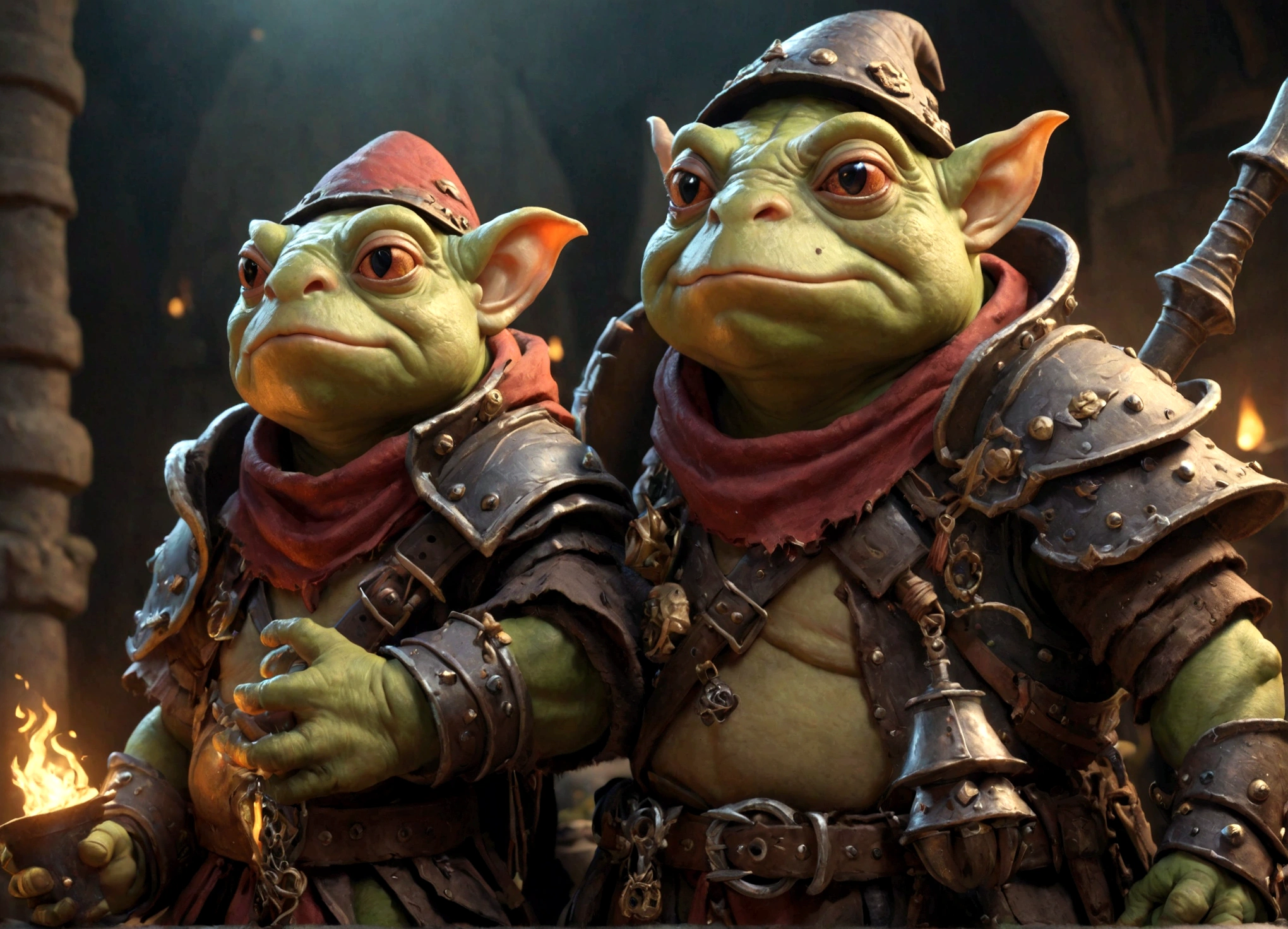 a squad of elite goblins, goblin sized toad, evil cowardly goblins, fighter cleric wizard thief, garbage versions of heroic armor, highly detailed, intricate, cinematic lighting, vibrant colors, 8k, hyper realistic, dark fantasy, masterpiece